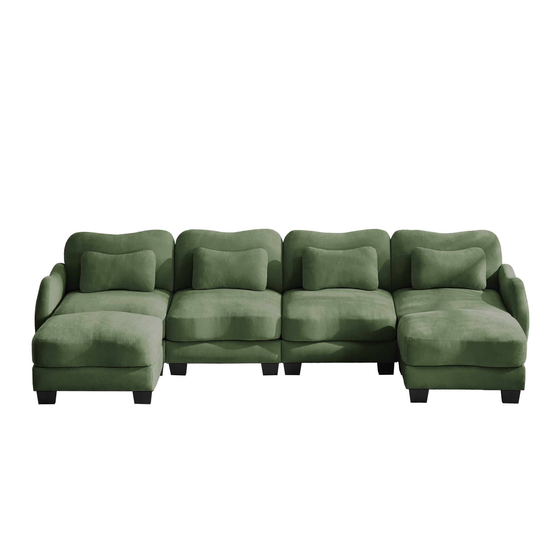 Rosedale green sectional sofa showing a right-facing U-shaped modular arrangement with two ottomans on white background