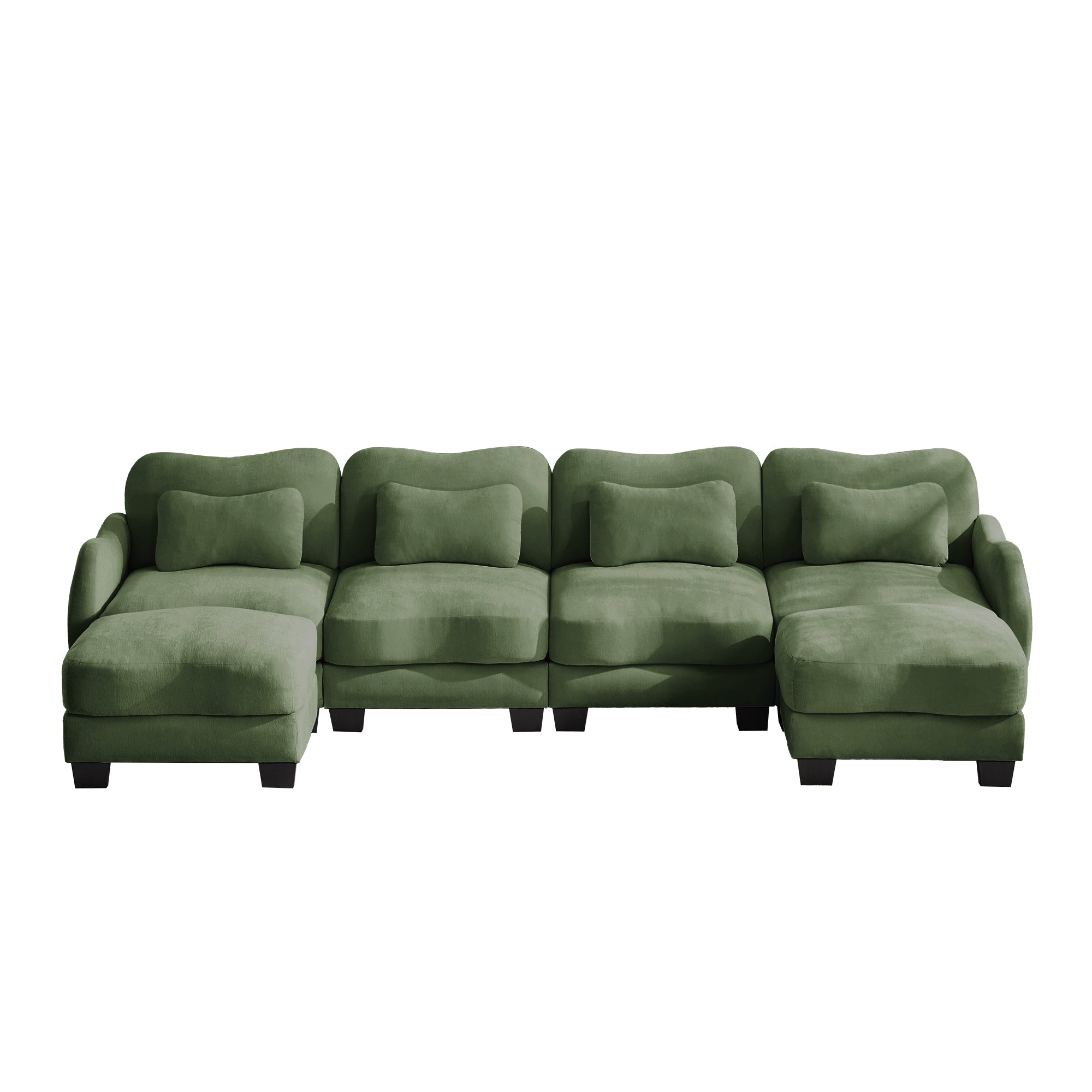 Rosedale green sectional sofa showing a right-facing U-shaped modular arrangement with two ottomans on white background