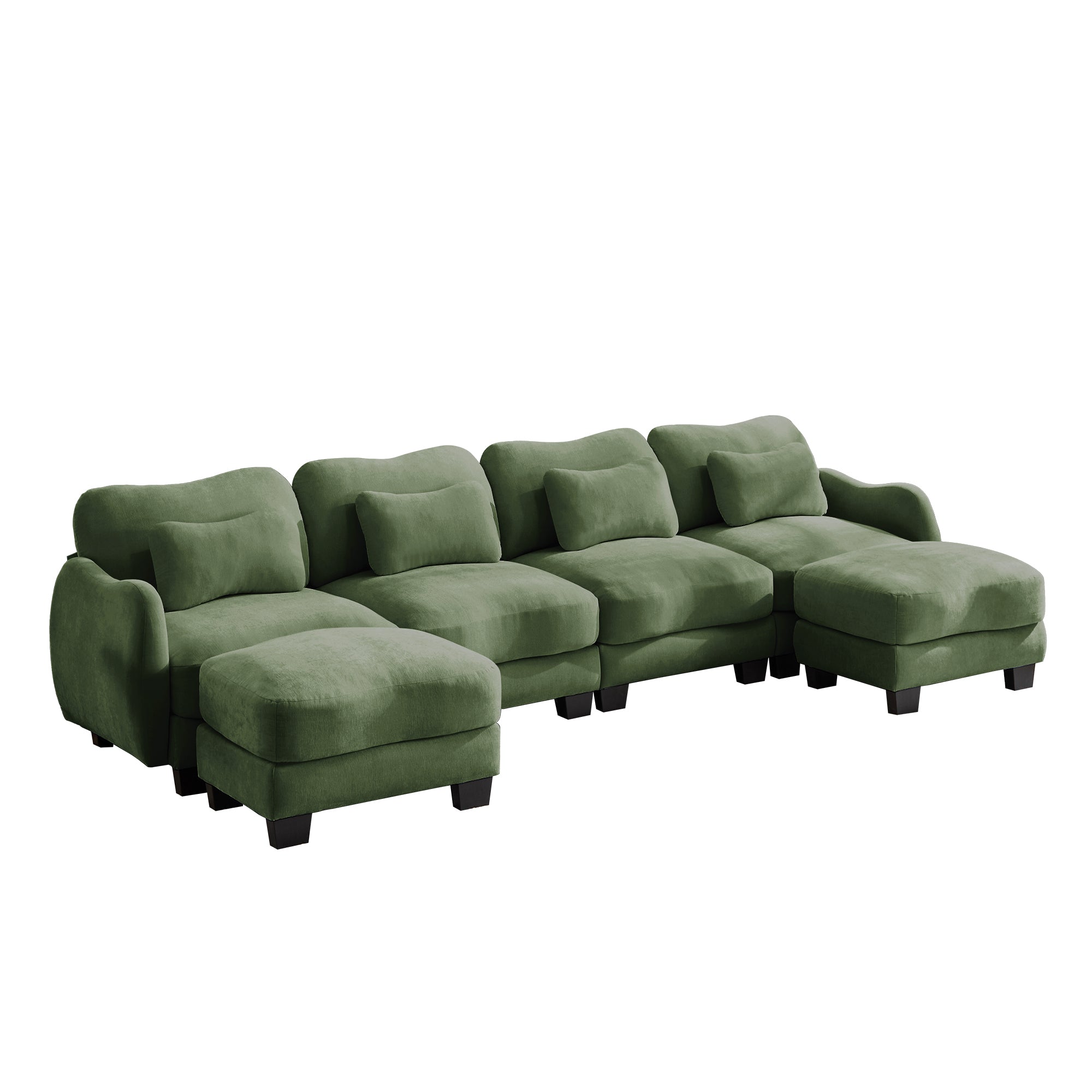 Rosedale green sectional sofa showing a front view of the U-shaped modular layout with two ottomans on white background