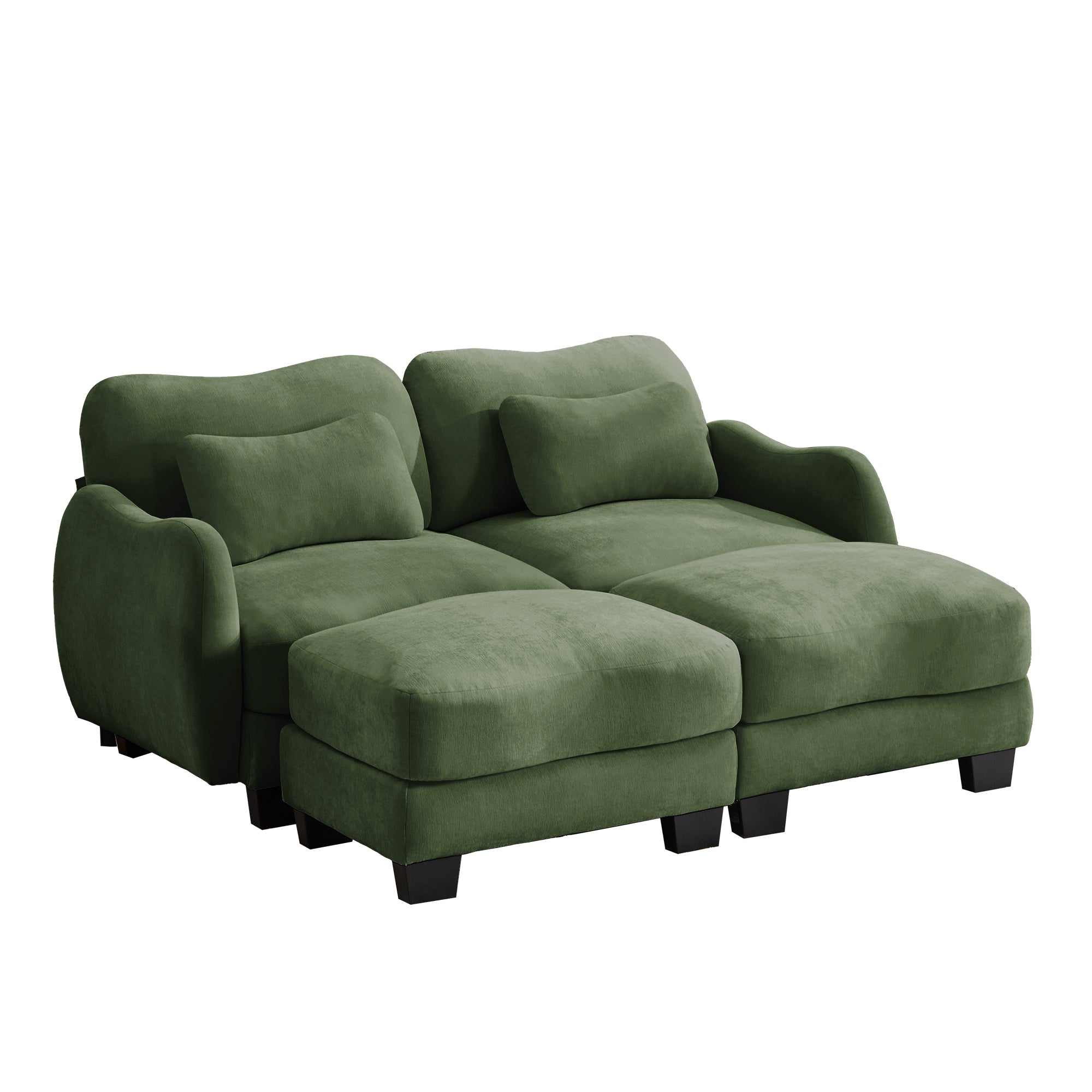 Rosedale green sectional sofa showing a front view of the four-piece modular sofa with two ottomans on white background