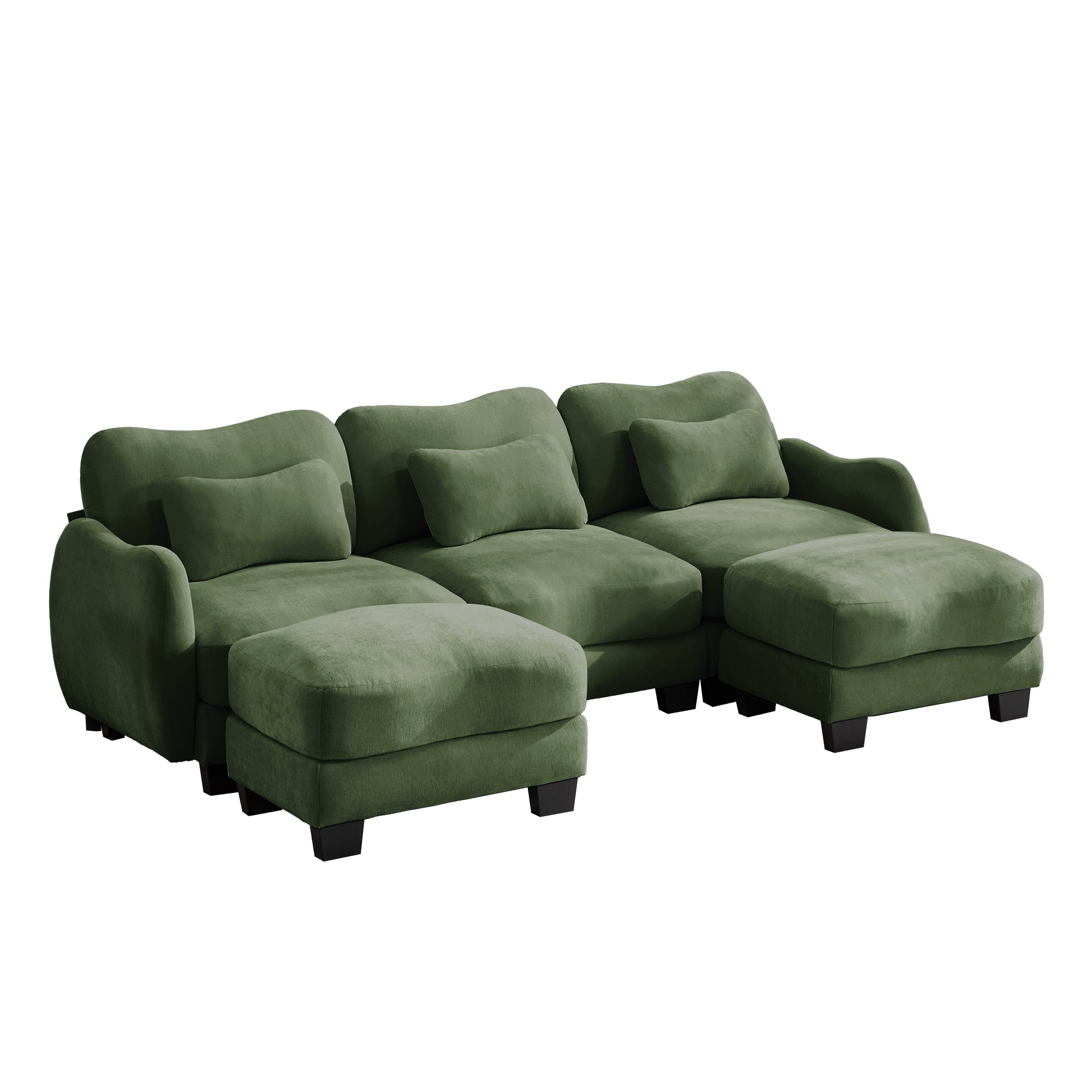 Rosedale green sectional sofa showing a right angled U-shaped layout with two ottomans on white background