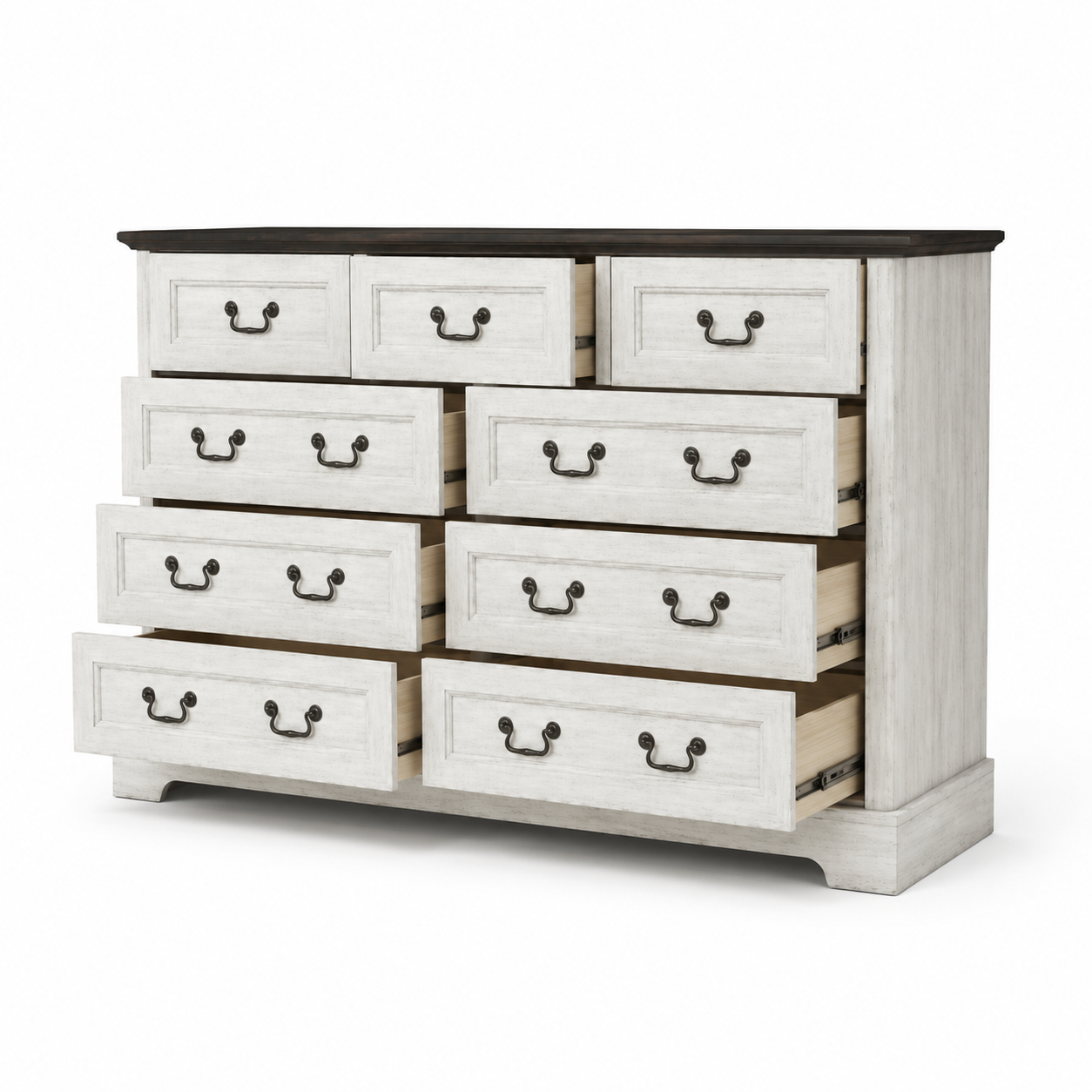 Roseline 55" Farmhouse 9-Drawer Dresser with Antique Brass Handles