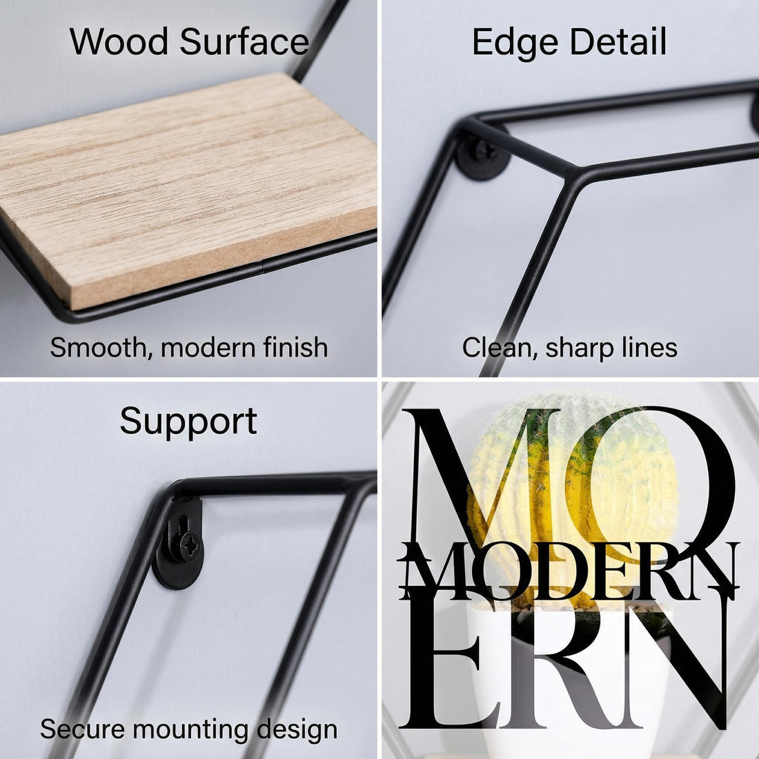 Sage natural floating shelves showing wood surface, black metal frame edge and secure wall mounting detail
