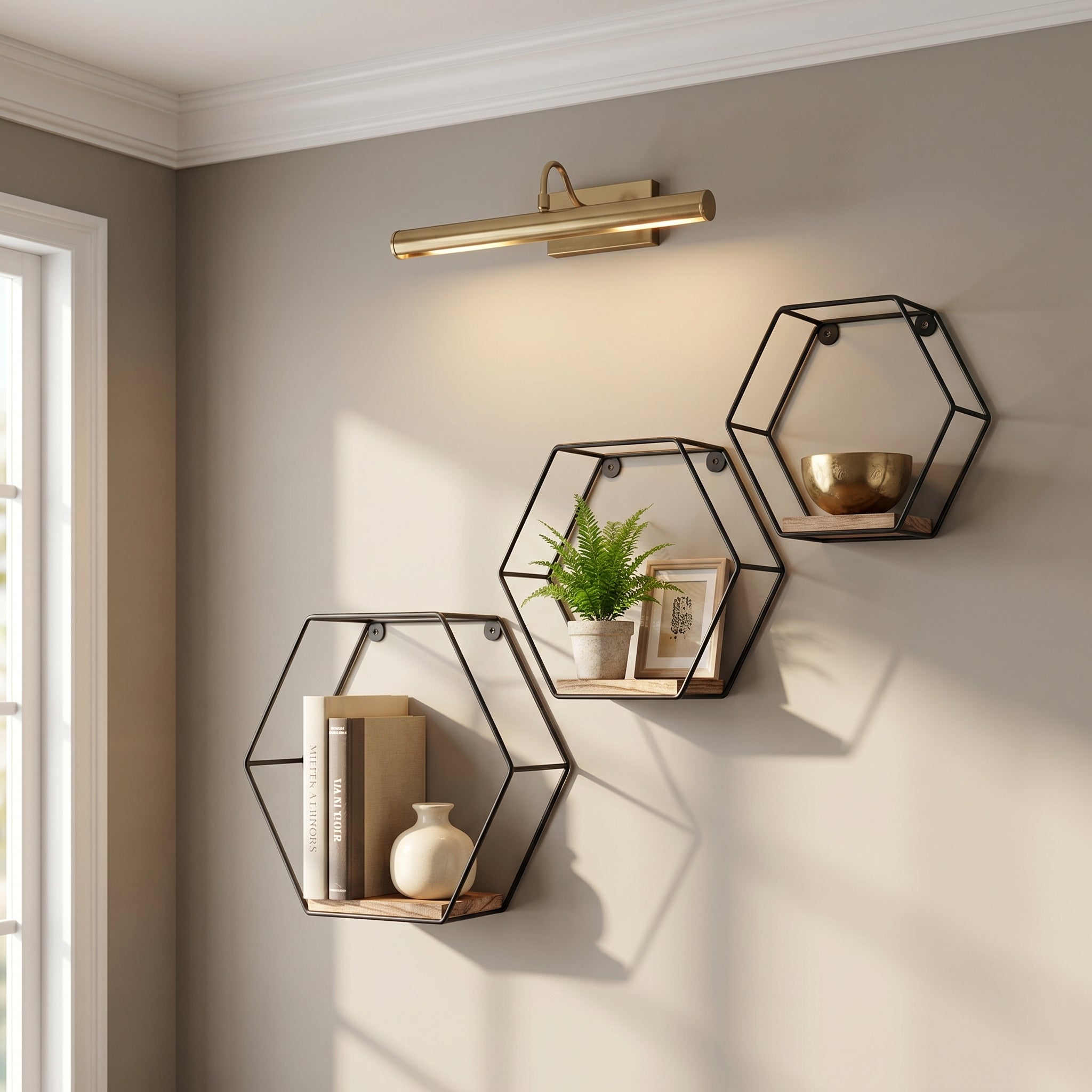 Sage natural floating shelves showing a set of three hexagonal shelves on a living room wall