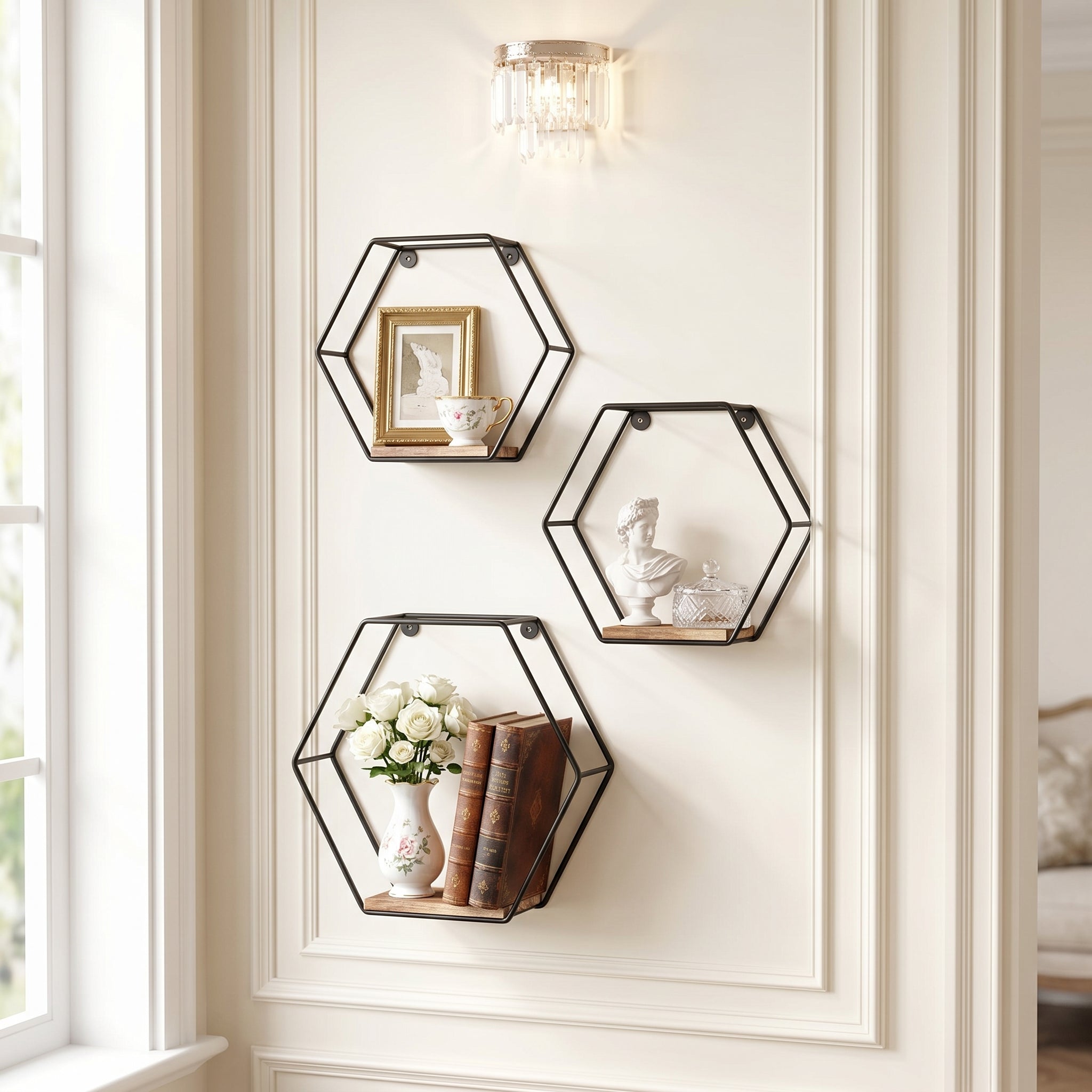 Sage natural floating shelves showing staggered wall-mounted display with plants and decor