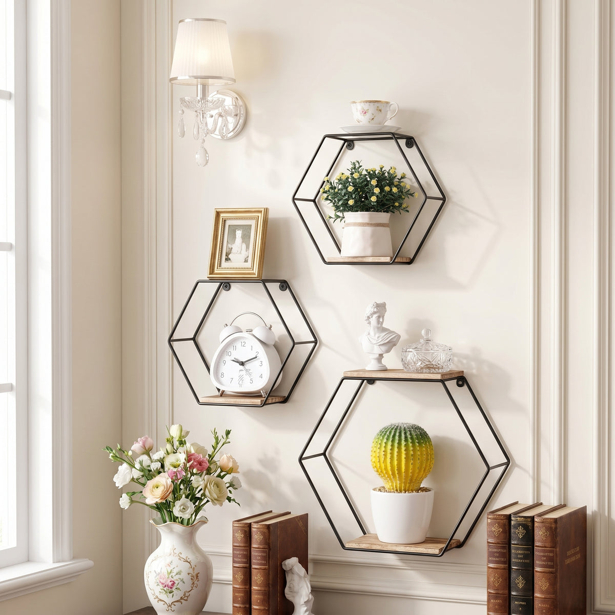 Sage natural floating shelves showing decorative storage with plants and small accessories