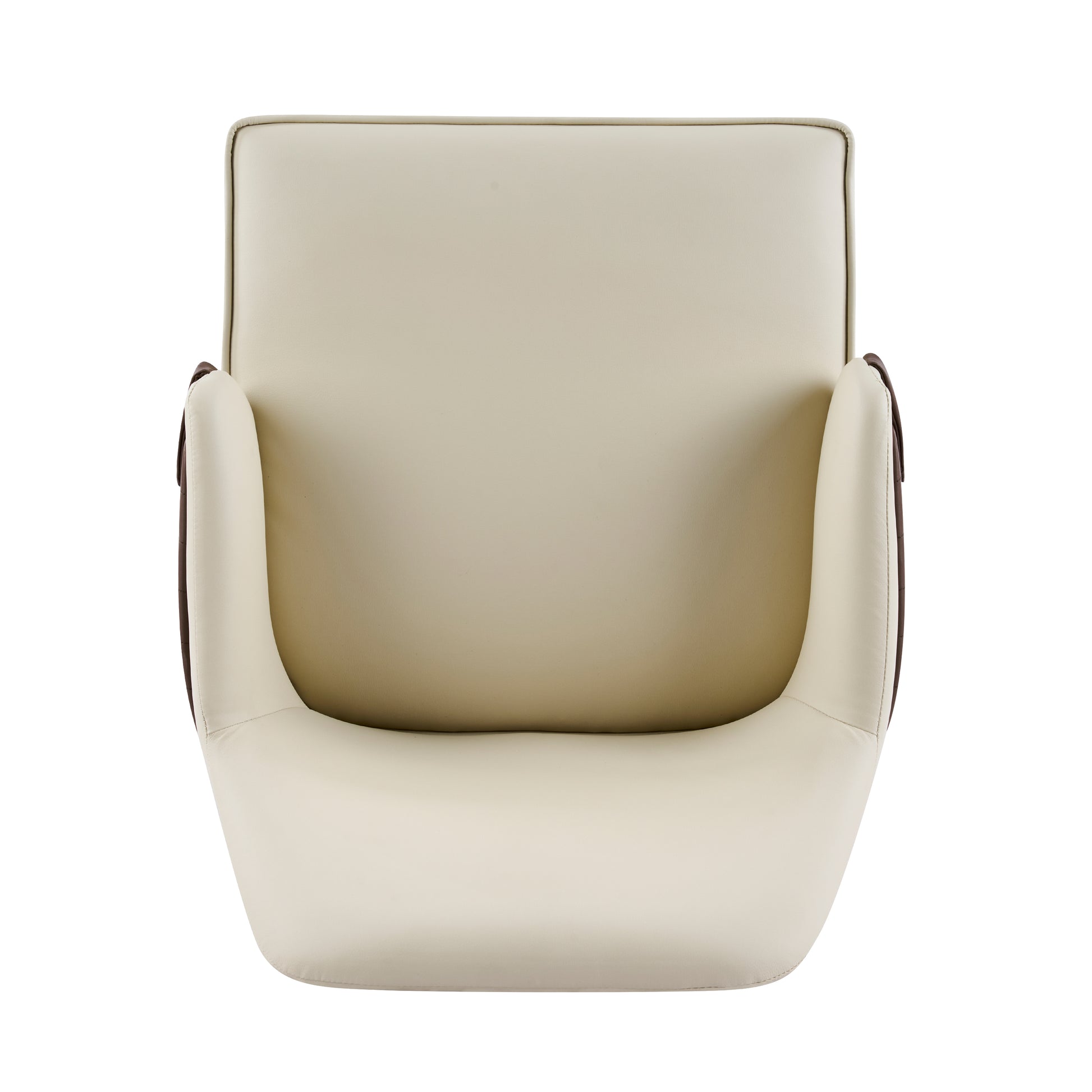 Saimaa brown dining chair close-up of the curved upholstered backrest and contrasting fabric