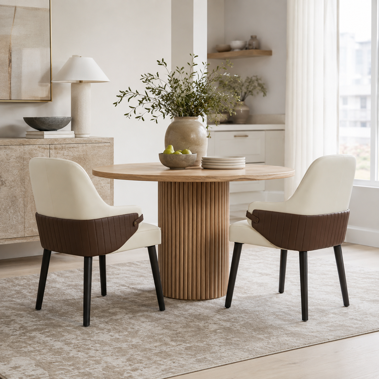 Saimaa brown two-tone upholstered dining chairs around a round wood table in a bright dining room