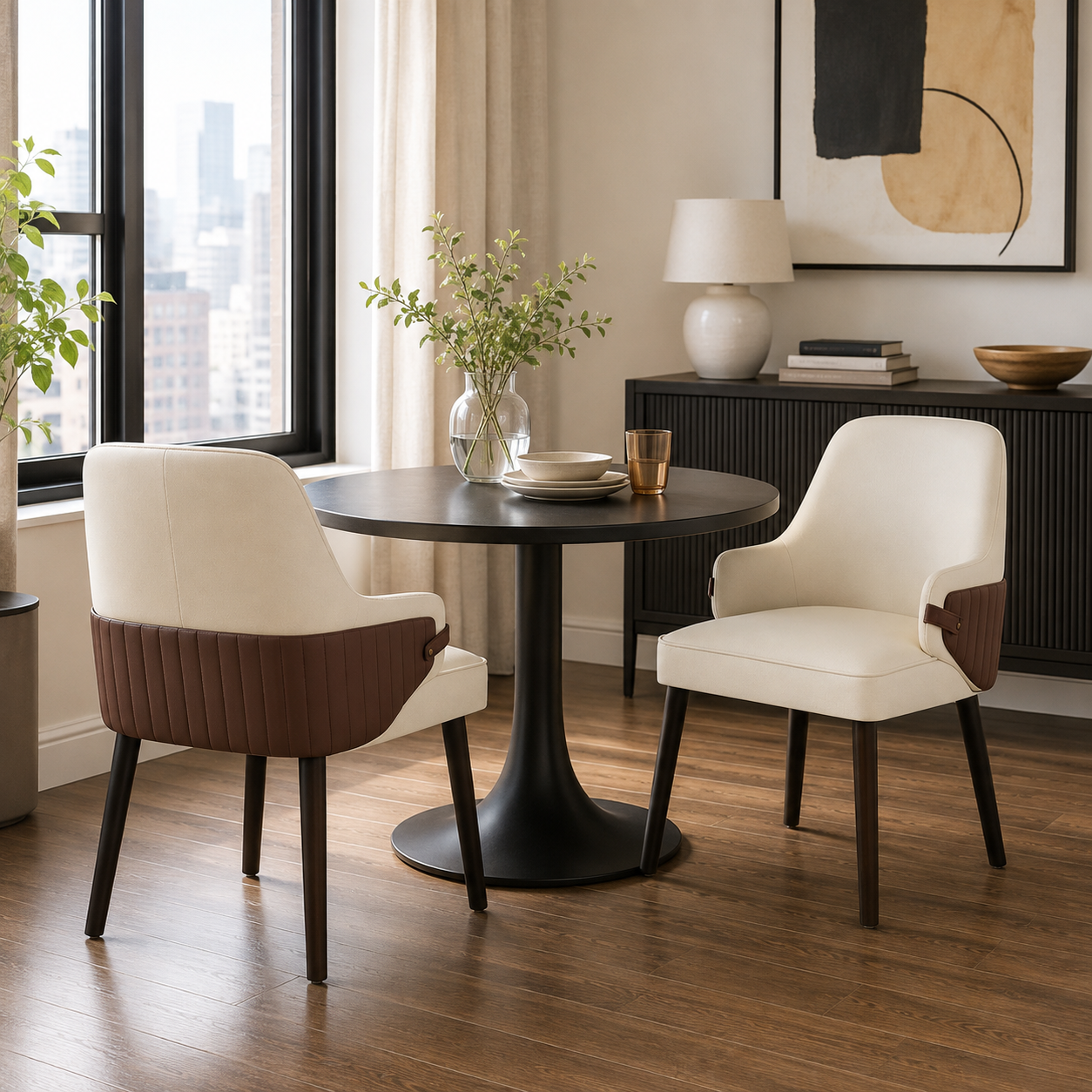 Saimaa brown dining chairs beside a round pedestal table in a warm contemporary dining space