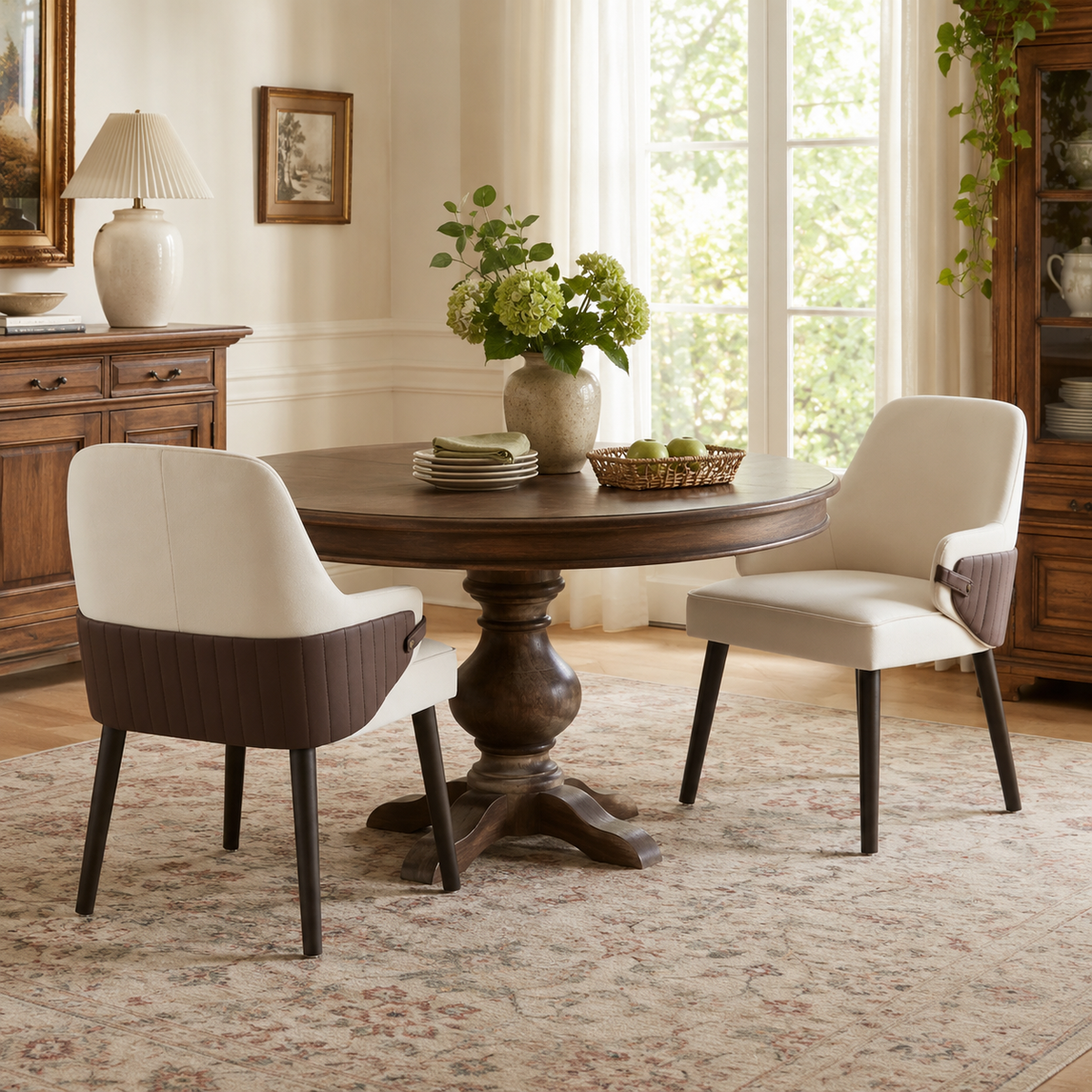 Saimaa brown two-tone fabric dining chairs in a cozy dining room with natural light