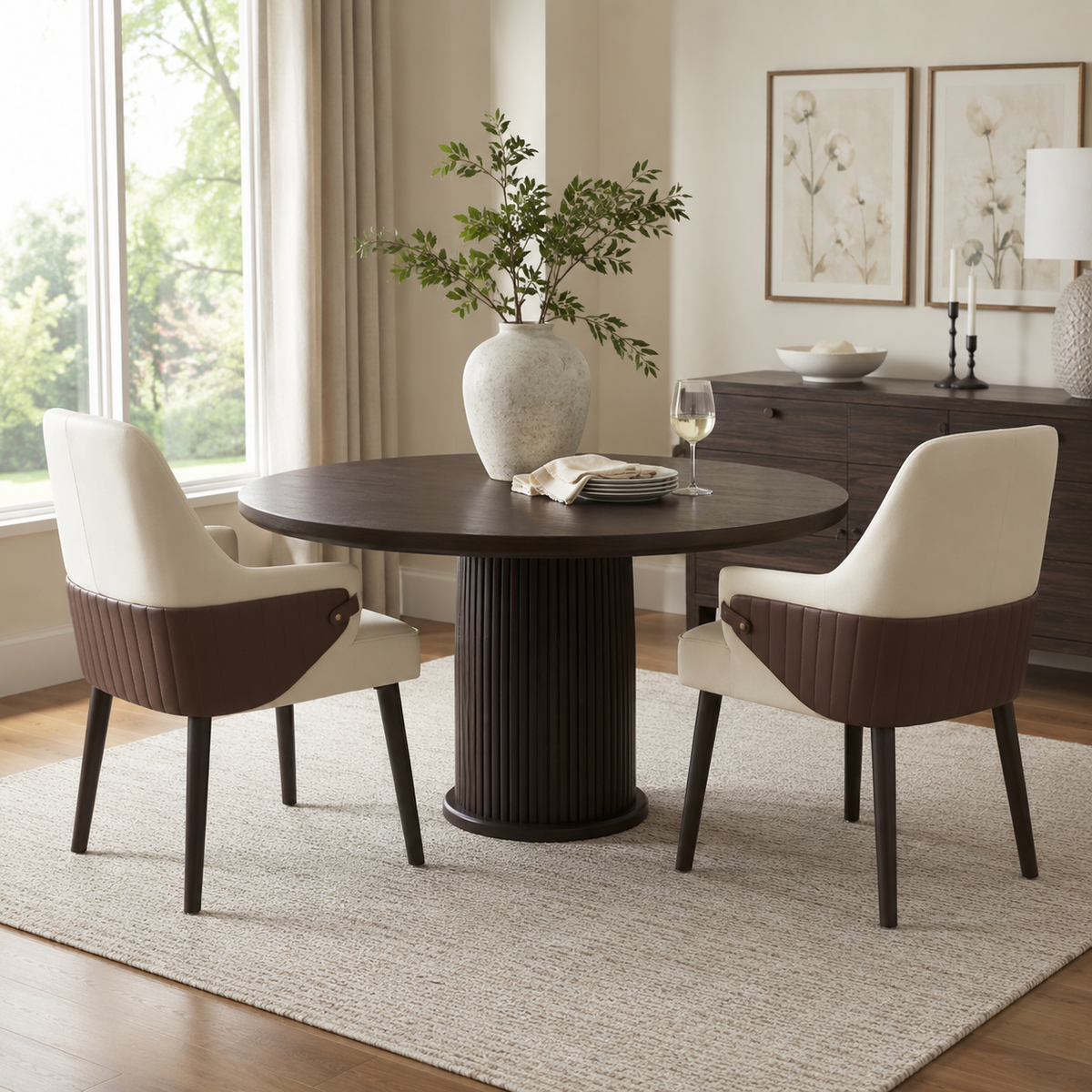 Saimaa brown upholstered dining chairs around a dark wood table in a modern dining area