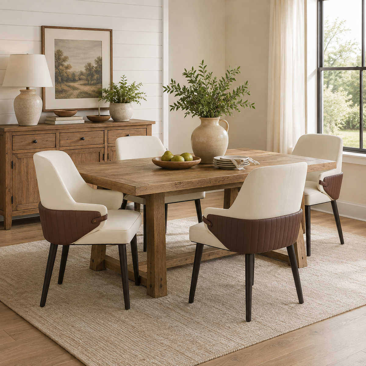 Saimaa brown dining chairs in a bright home dining space with neutral decor and plants