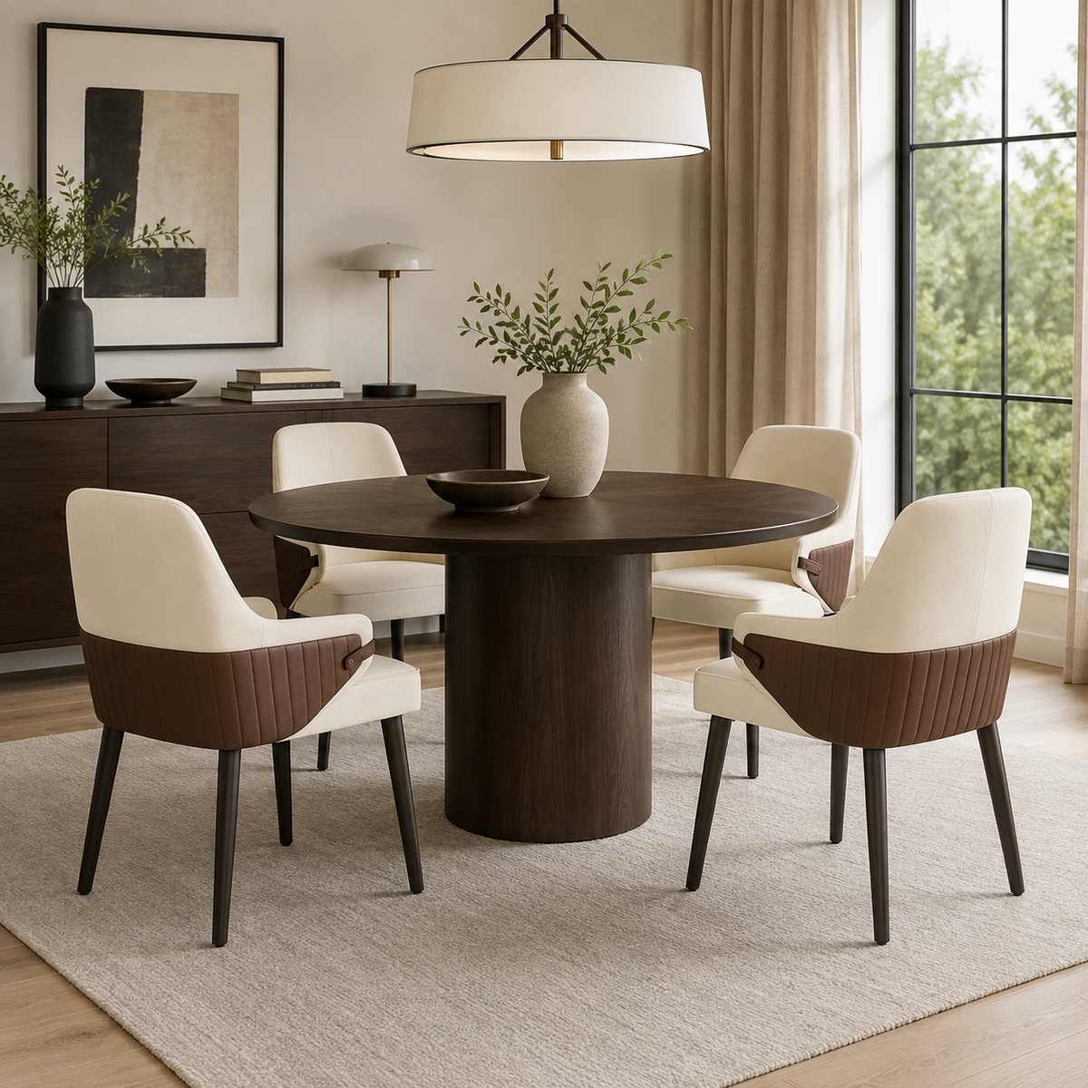 Saimaa brown dining chairs in a bright home dining space with neutral decor and plants