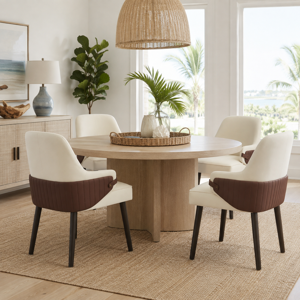 Saimaa brown dining chairs in a bright home dining space with neutral decor and plants