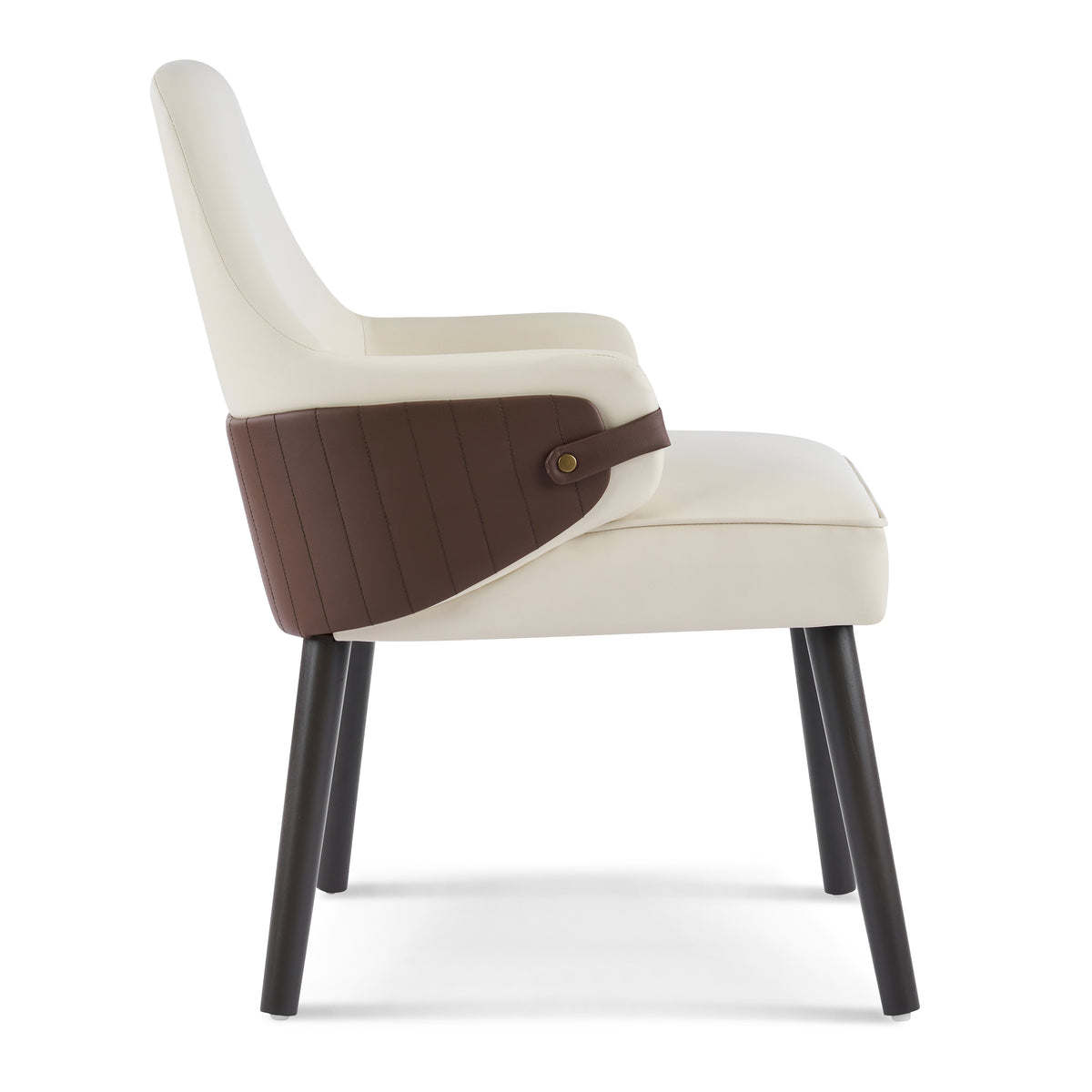 Saimaa brown dining chair side view with black tapered legs on white background