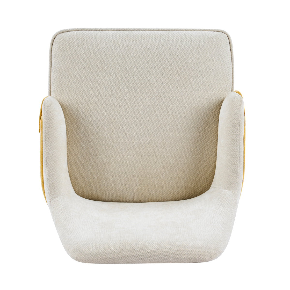 Saimaa yellow dining chair close-up of the curved upholstered backrest and two-tone fabric