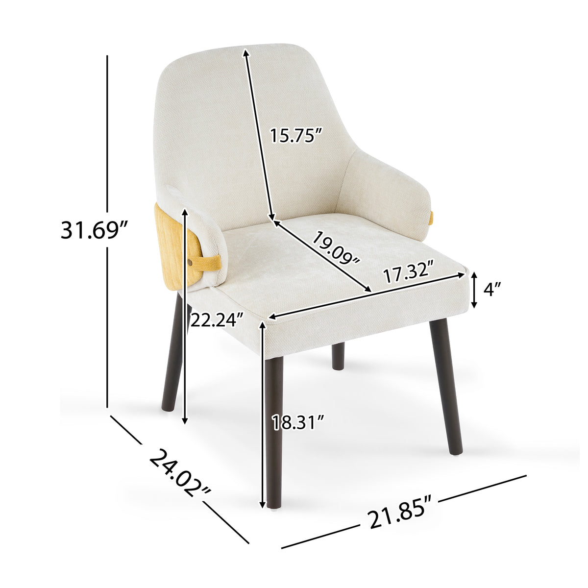 Saimaa yellow two-tone fabric upholstered dining chair showing product dimensions