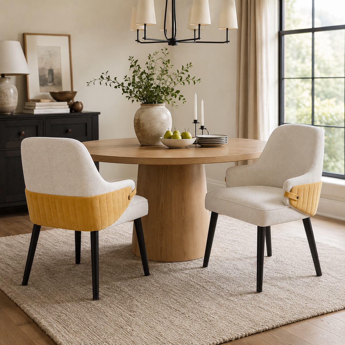Saimaa yellow dining chairs beside a round table in a warm dining room with natural wood decor