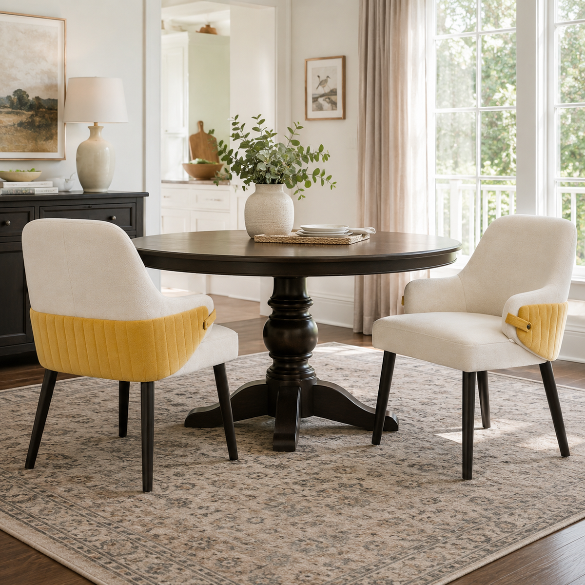 Saimaa yellow two-tone fabric dining chairs in a bright contemporary dining space