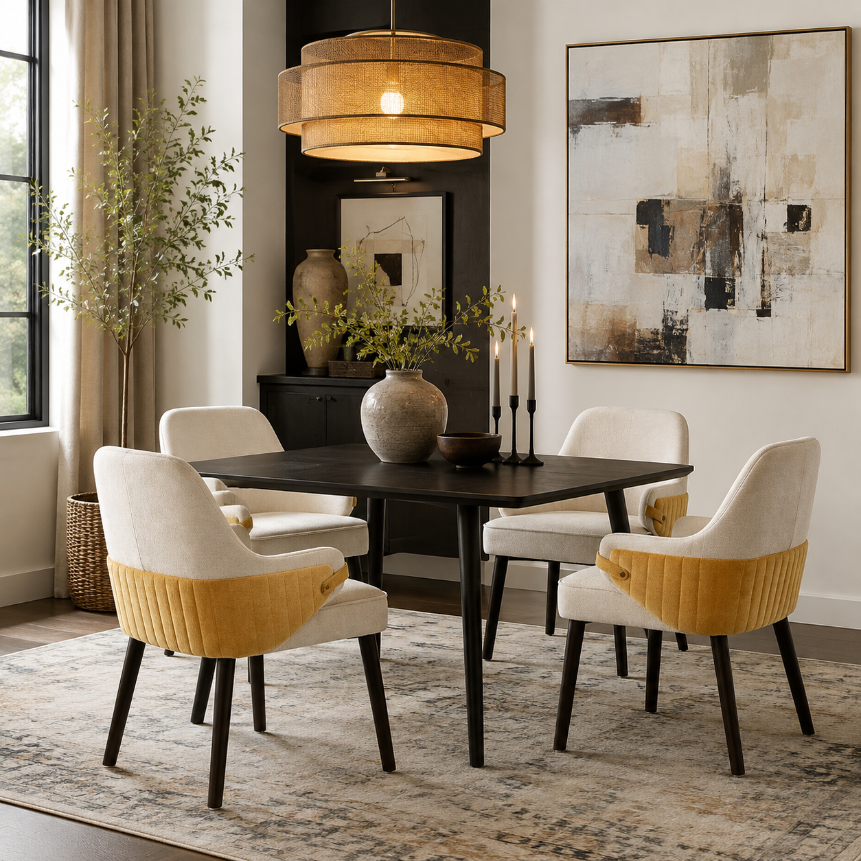 Saimaa yellow upholstered dining chairs around a dark pedestal table in a modern dining room