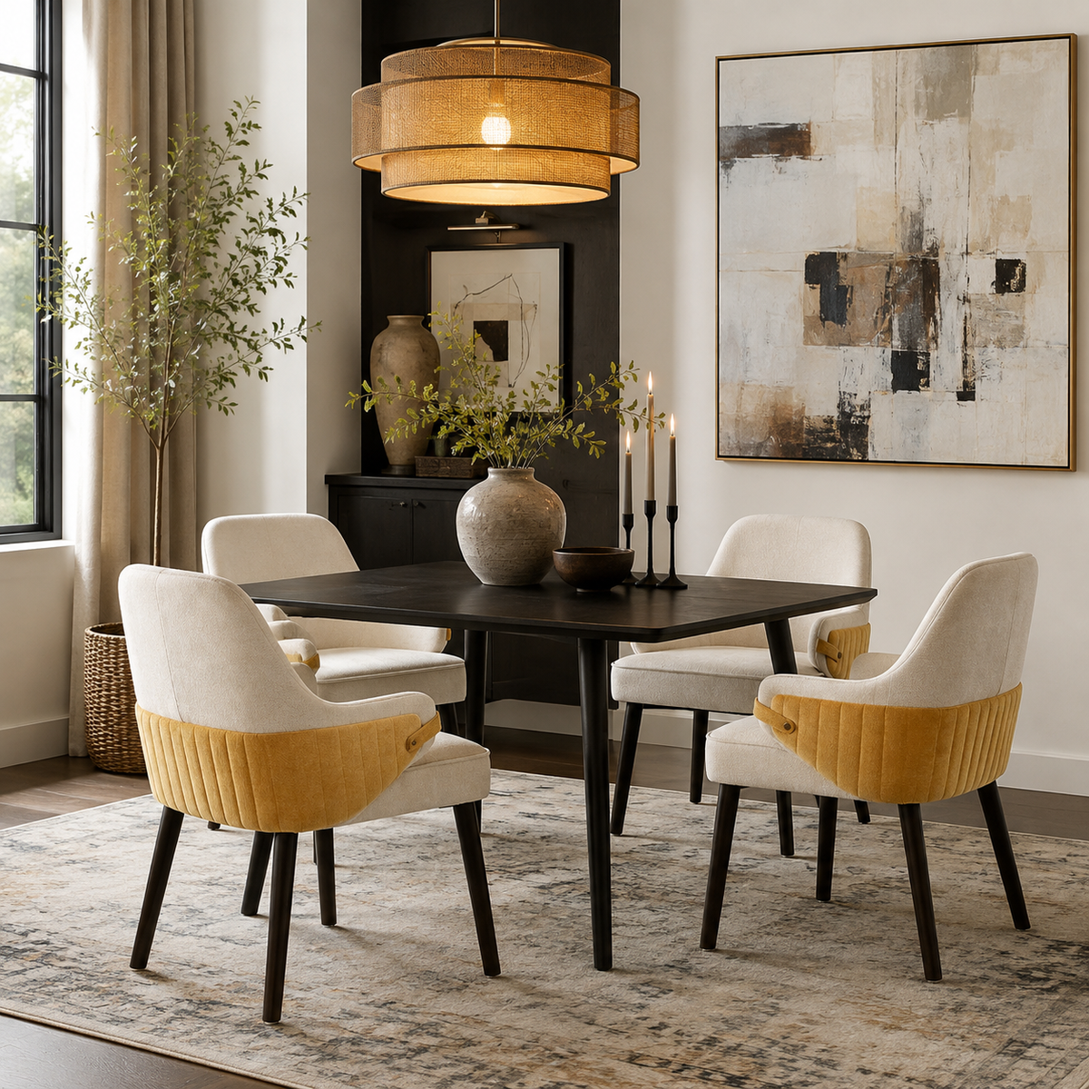 Saimaa yellow upholstered dining chairs around a dark pedestal table in a modern dining room