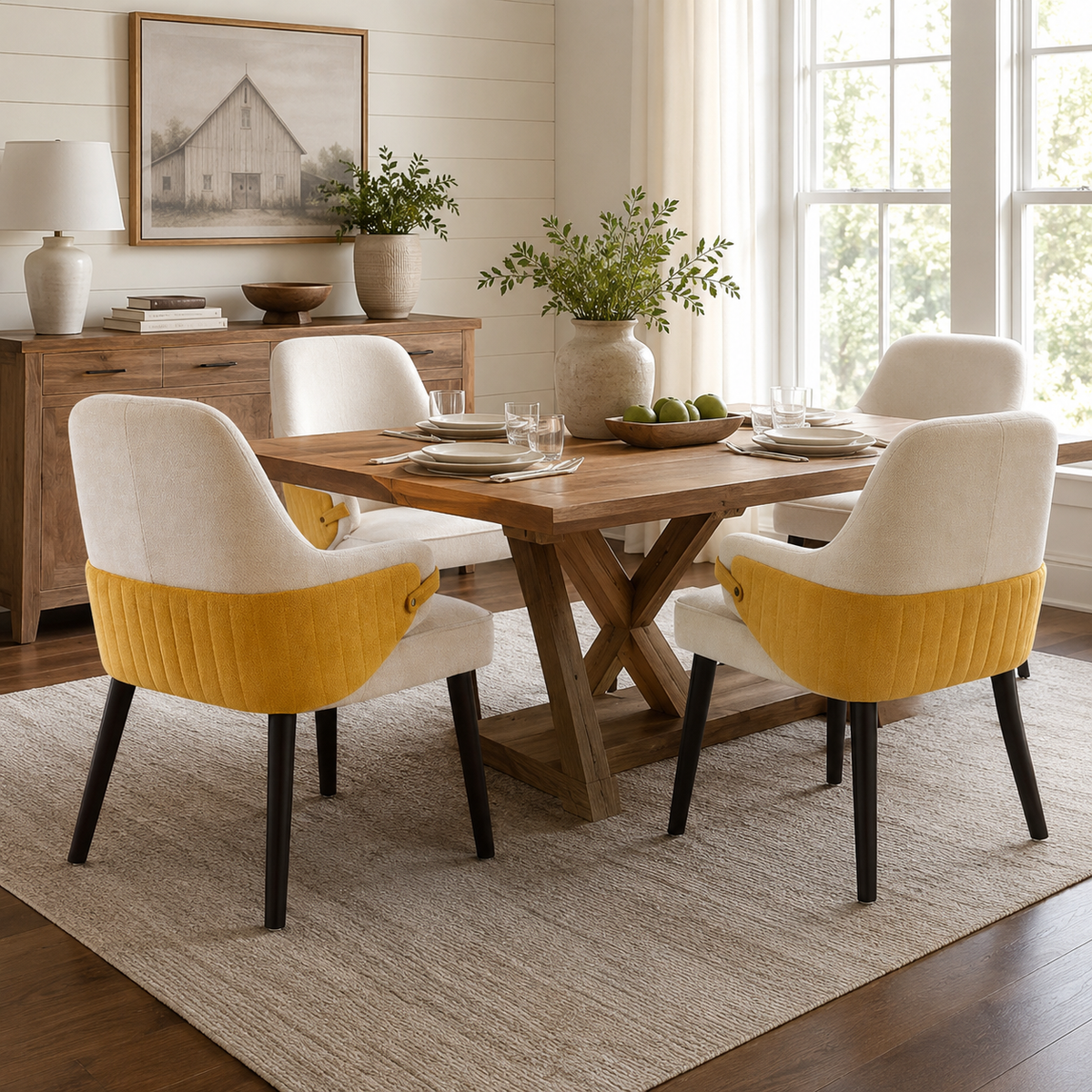 Saimaa yellow dining chairs in a cozy dining room with warm lighting and neutral decor