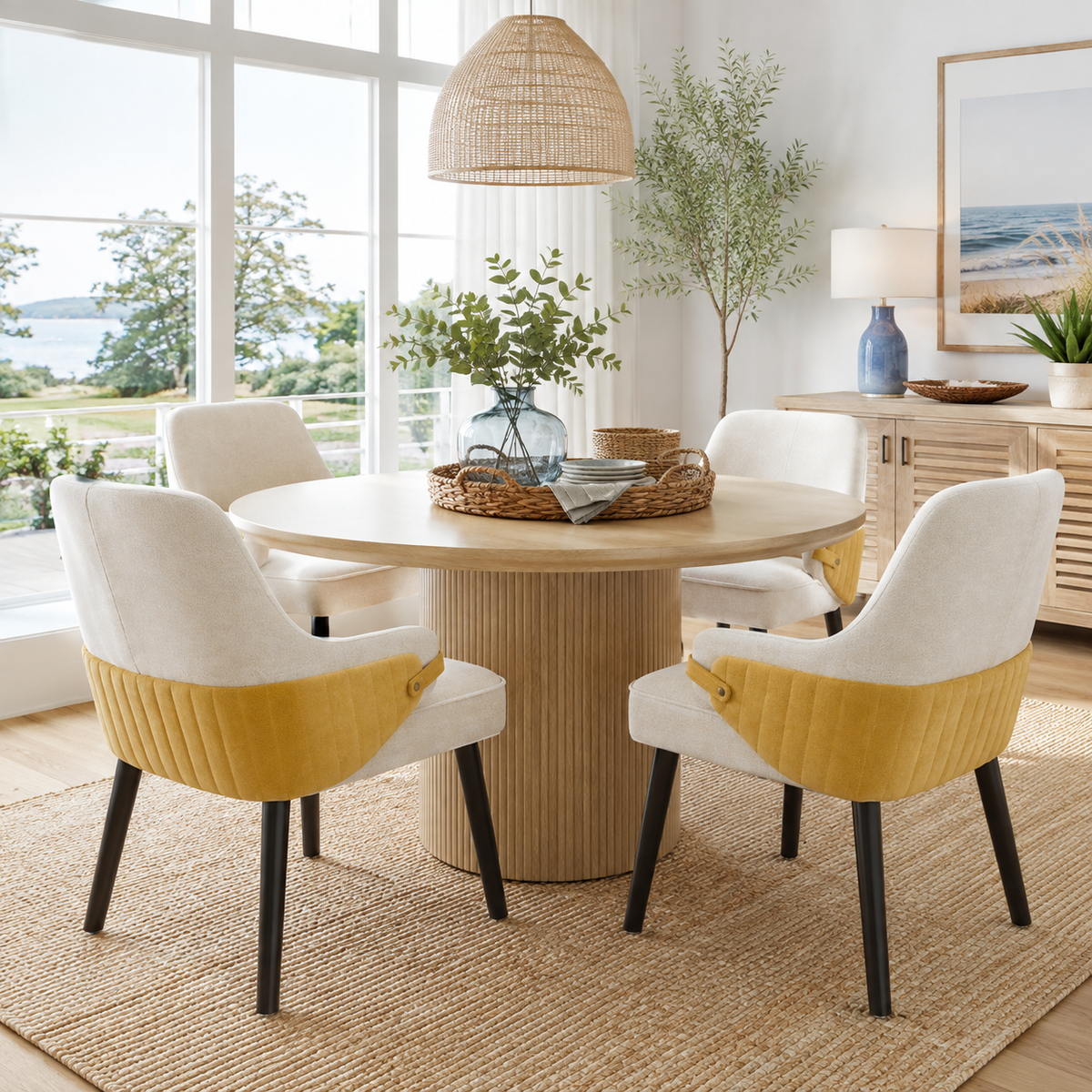 Saimaa yellow dining chairs in a cozy dining room with warm lighting and neutral decor