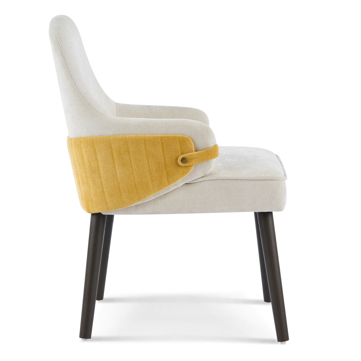 Saimaa yellow dining chair side view with black tapered legs on white background