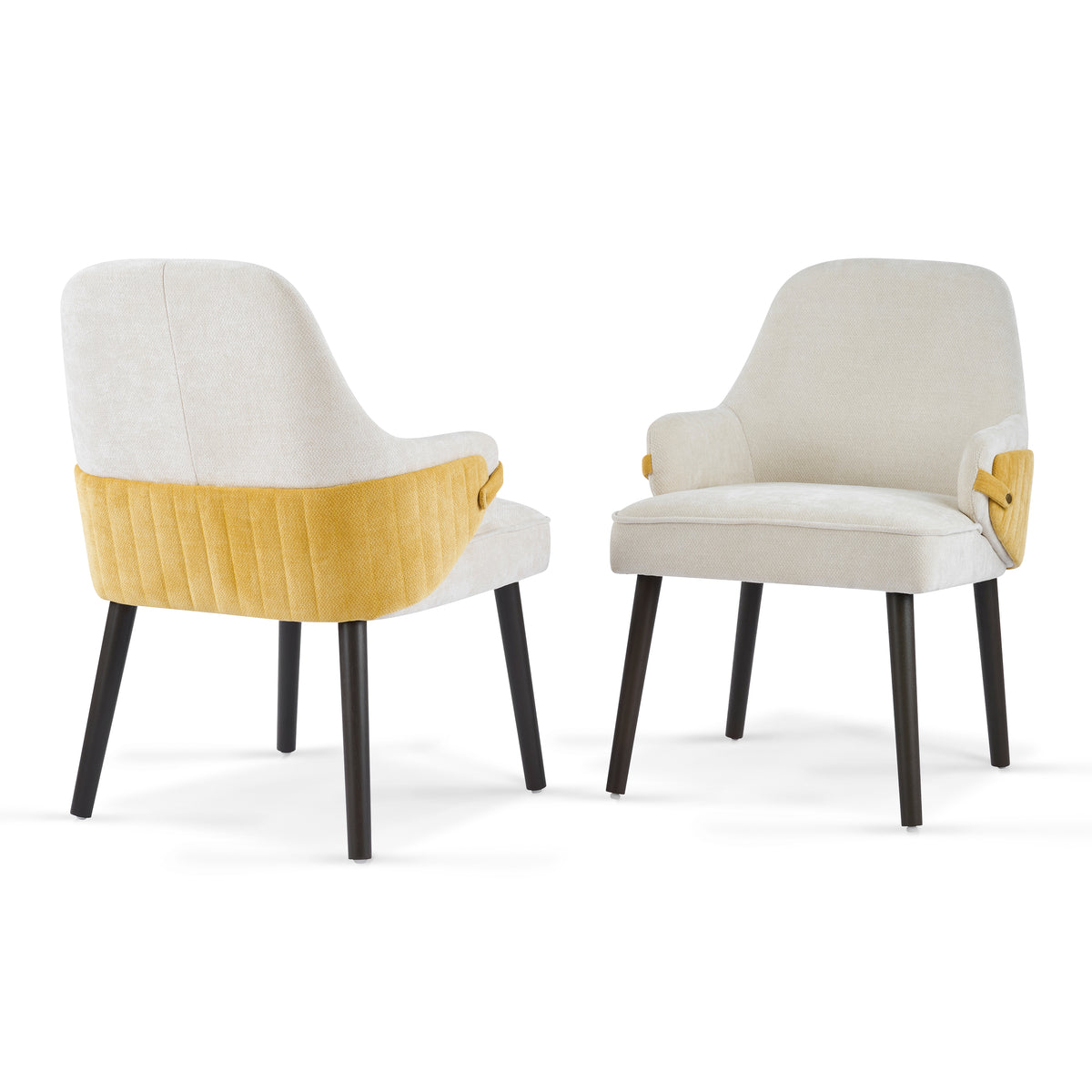 Saimaa yellow upholstered dining chairs set of two front angled view on white background