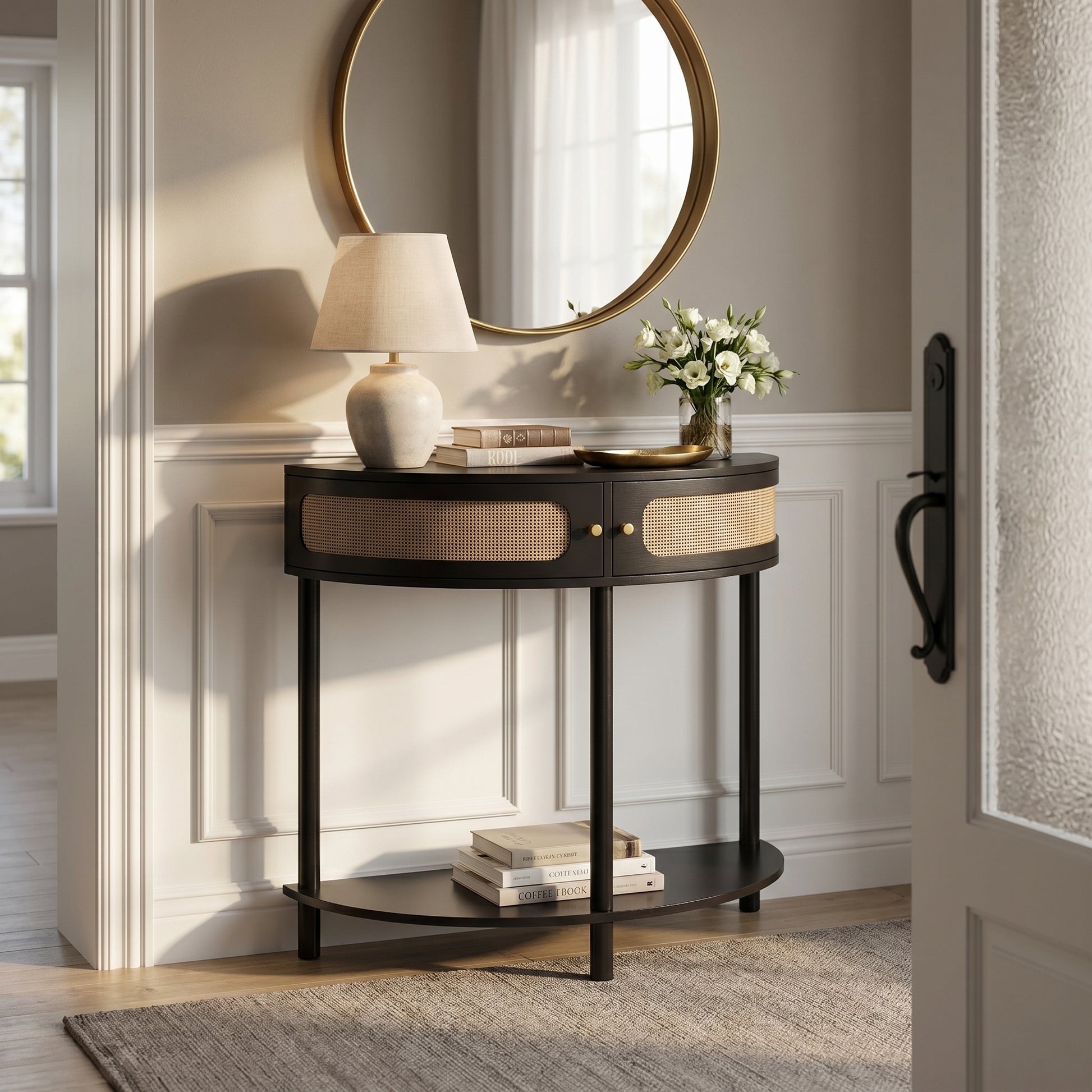 Saint black console table showing a hallway setup with mirror and tabletop decor