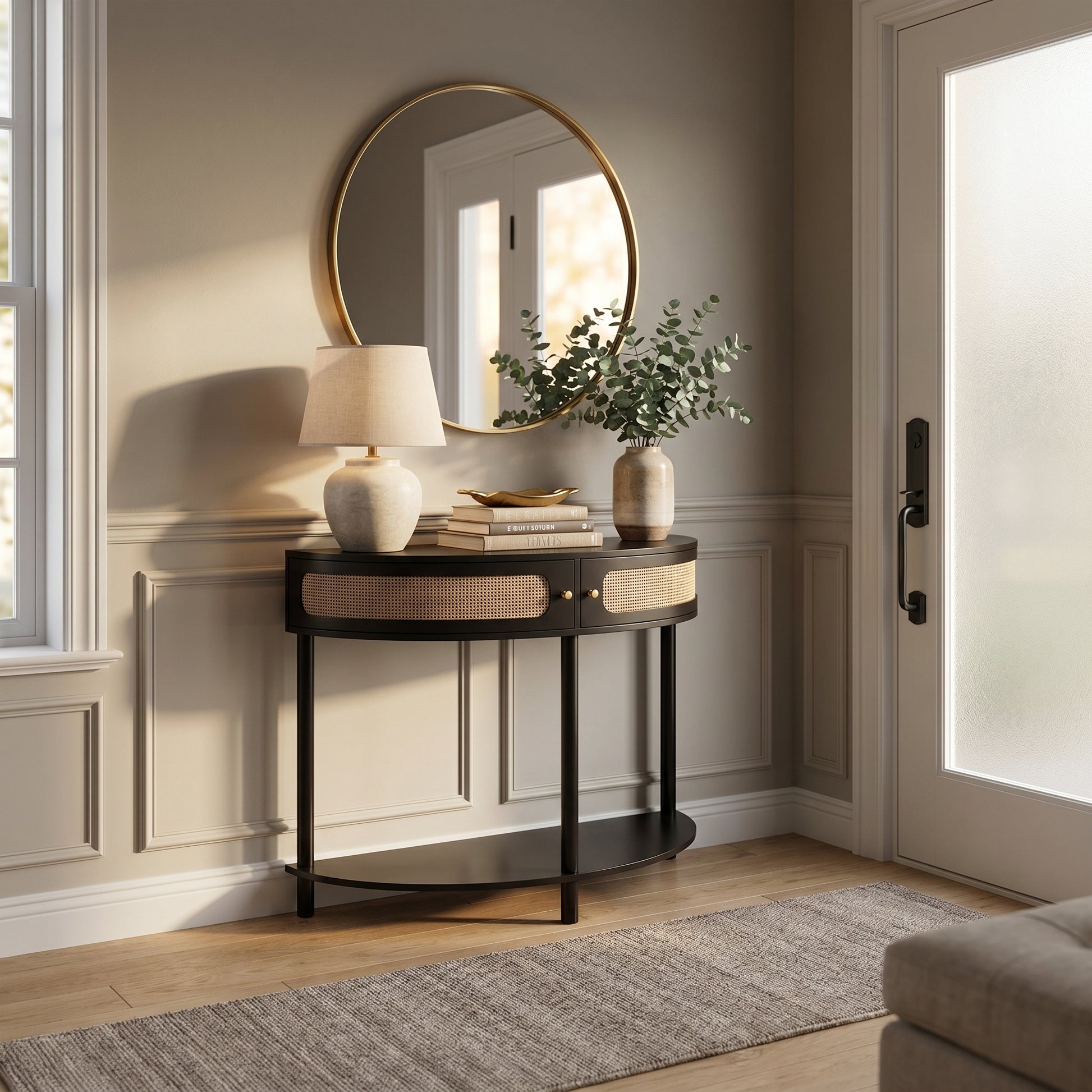 Saint black console table showing a hallway setup with mirror and tabletop decor