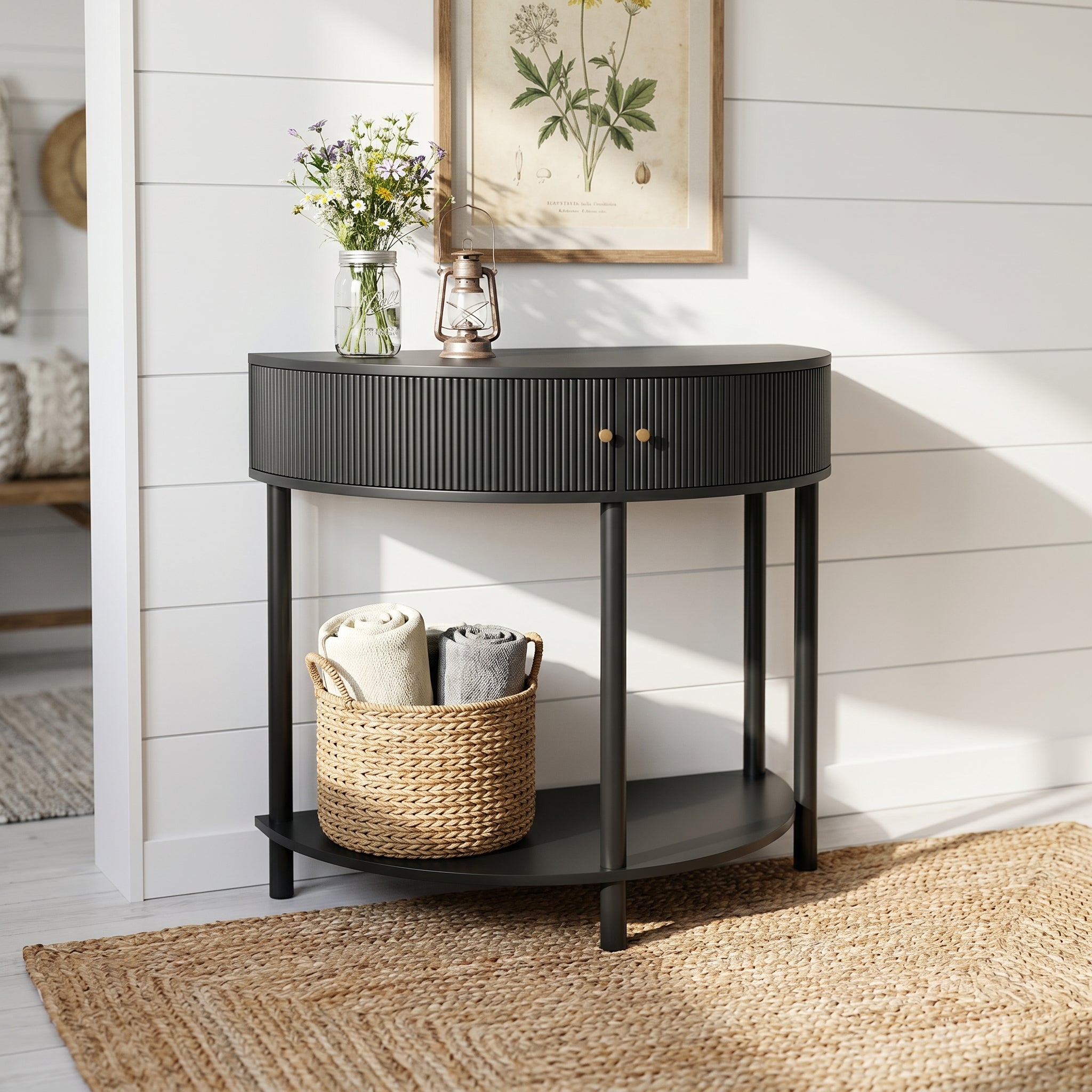 Saint dark grey console table showing styled home interior