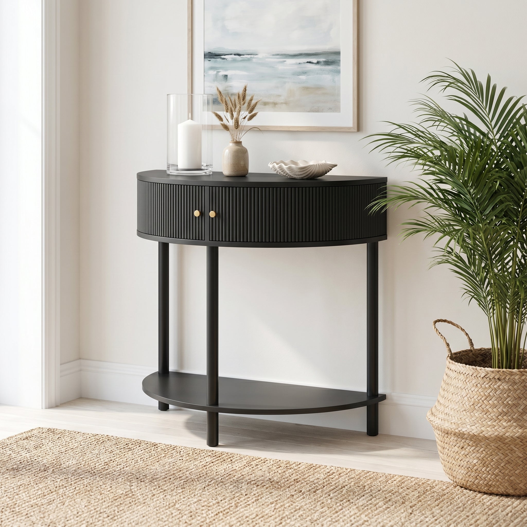 Saint dark grey console table showing styled home interior