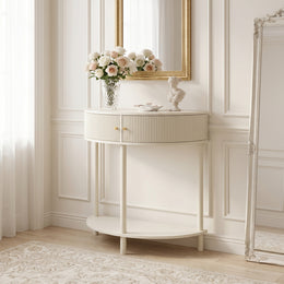 Saint 32" Half-Moon Console Table with Rattan Doors and Shelf