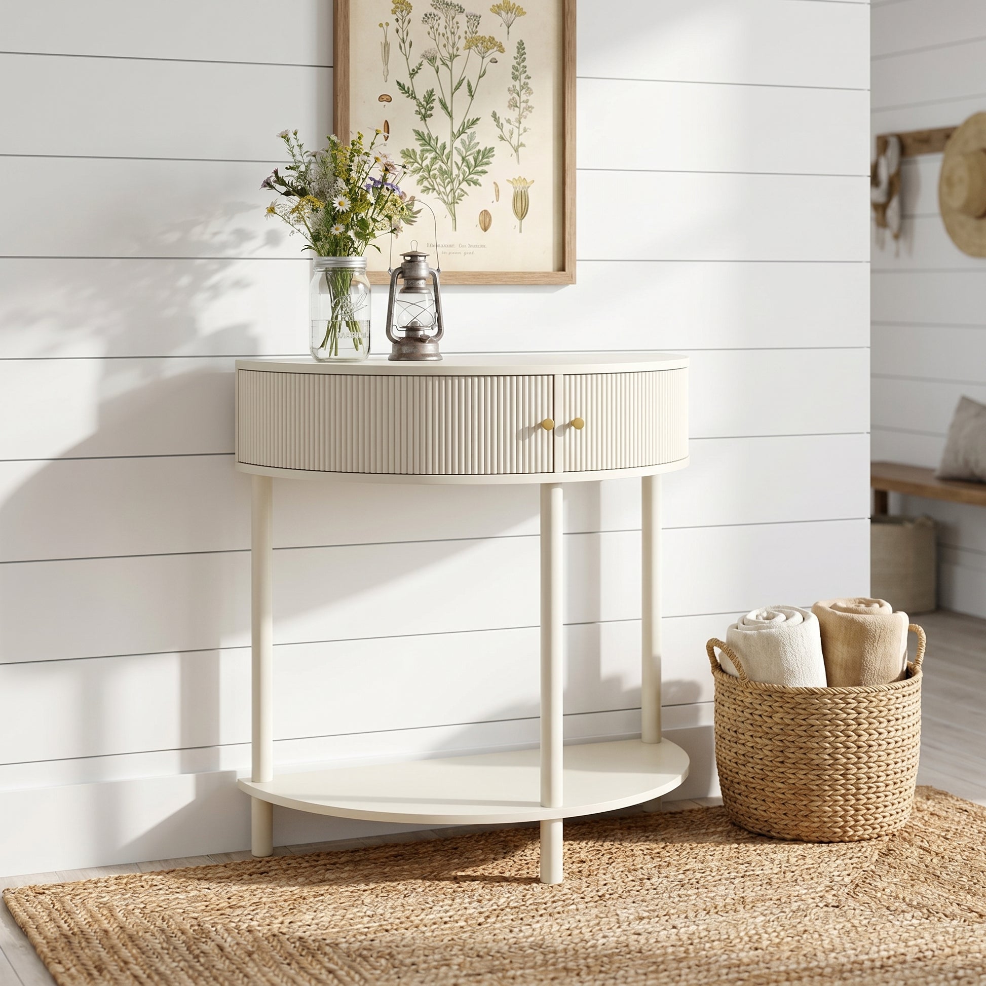 Saint white console table showing bright living room setting