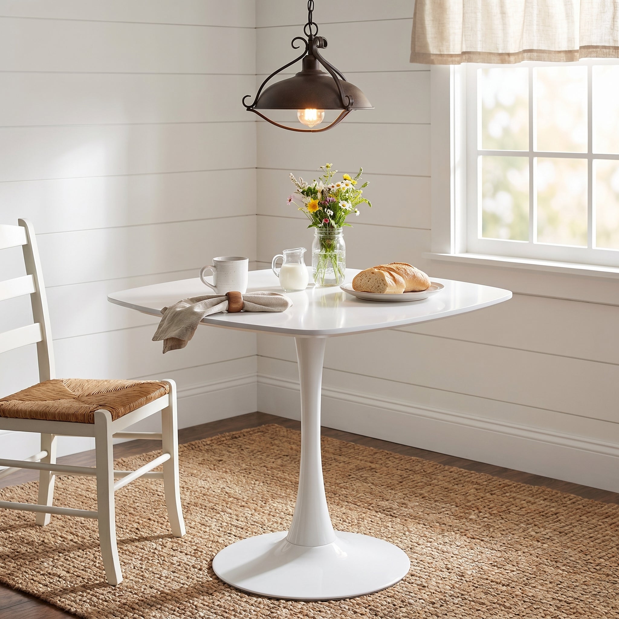 Santorini white dining table showing a cozy dining room with mixed chairs