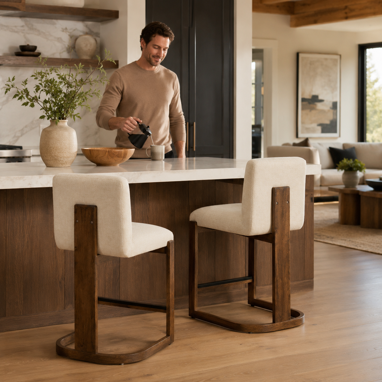 Sauternes 24" Solid Wood Counter Height Linen Upholstered Bar Stools Set of 2