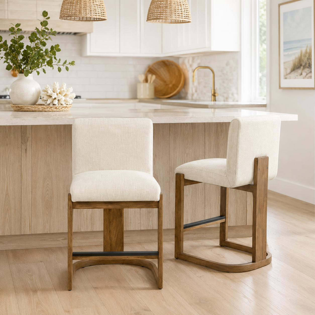 Sauternes 24" Solid Wood Counter Height Linen Upholstered Bar Stools Set of 2