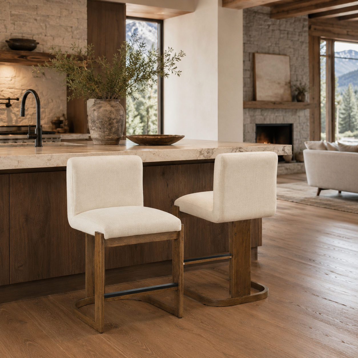 Sauternes 24" Solid Wood Counter Height Linen Upholstered Bar Stools Set of 2