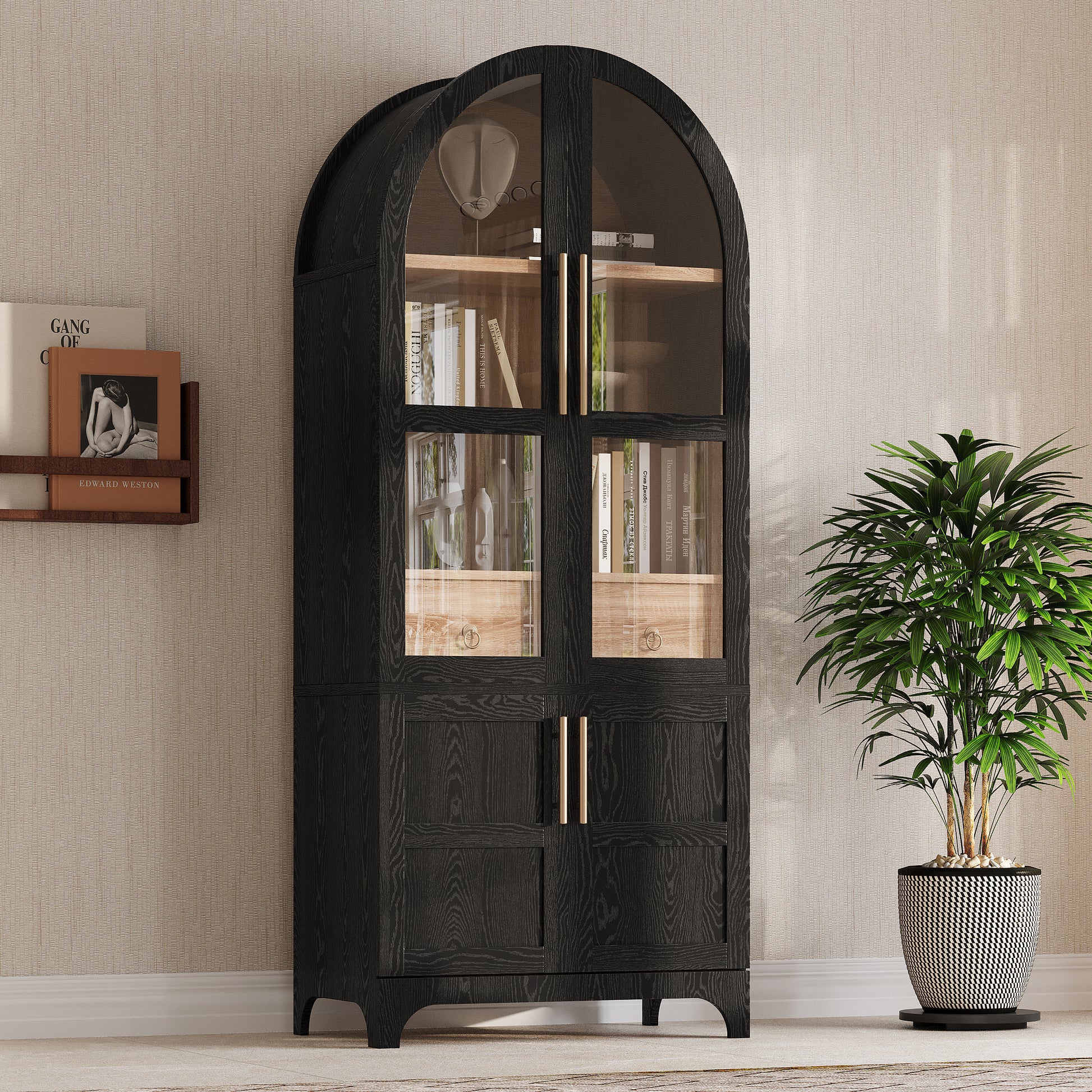 Savoy 71 inch black arched pantry cabinet with glass display doors and concealed storage in farmhouse inspired dining room setting