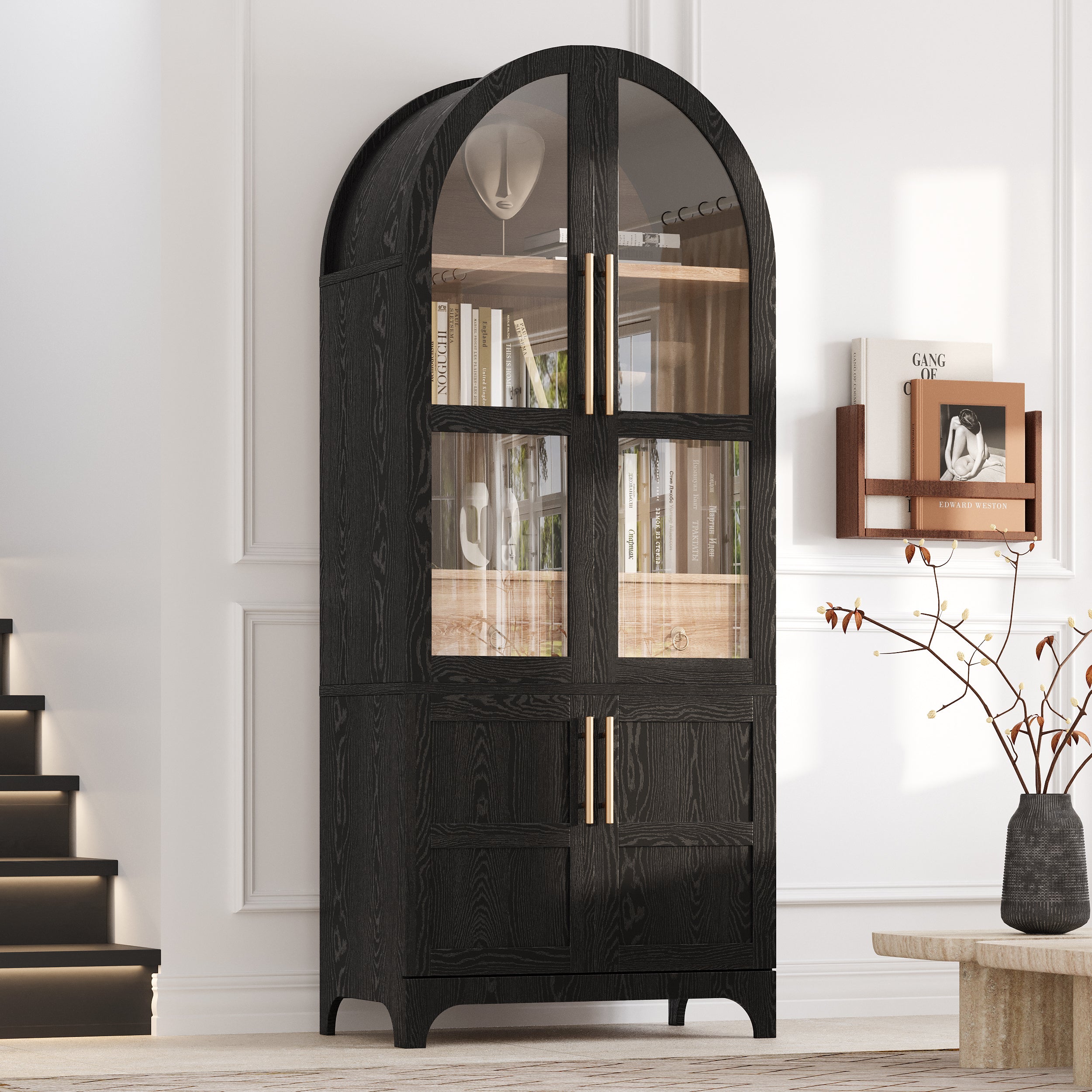 Savoy 71 inch arched kitchen pantry cabinet with glass doors and farmhouse storage design in black finish styled in modern living space