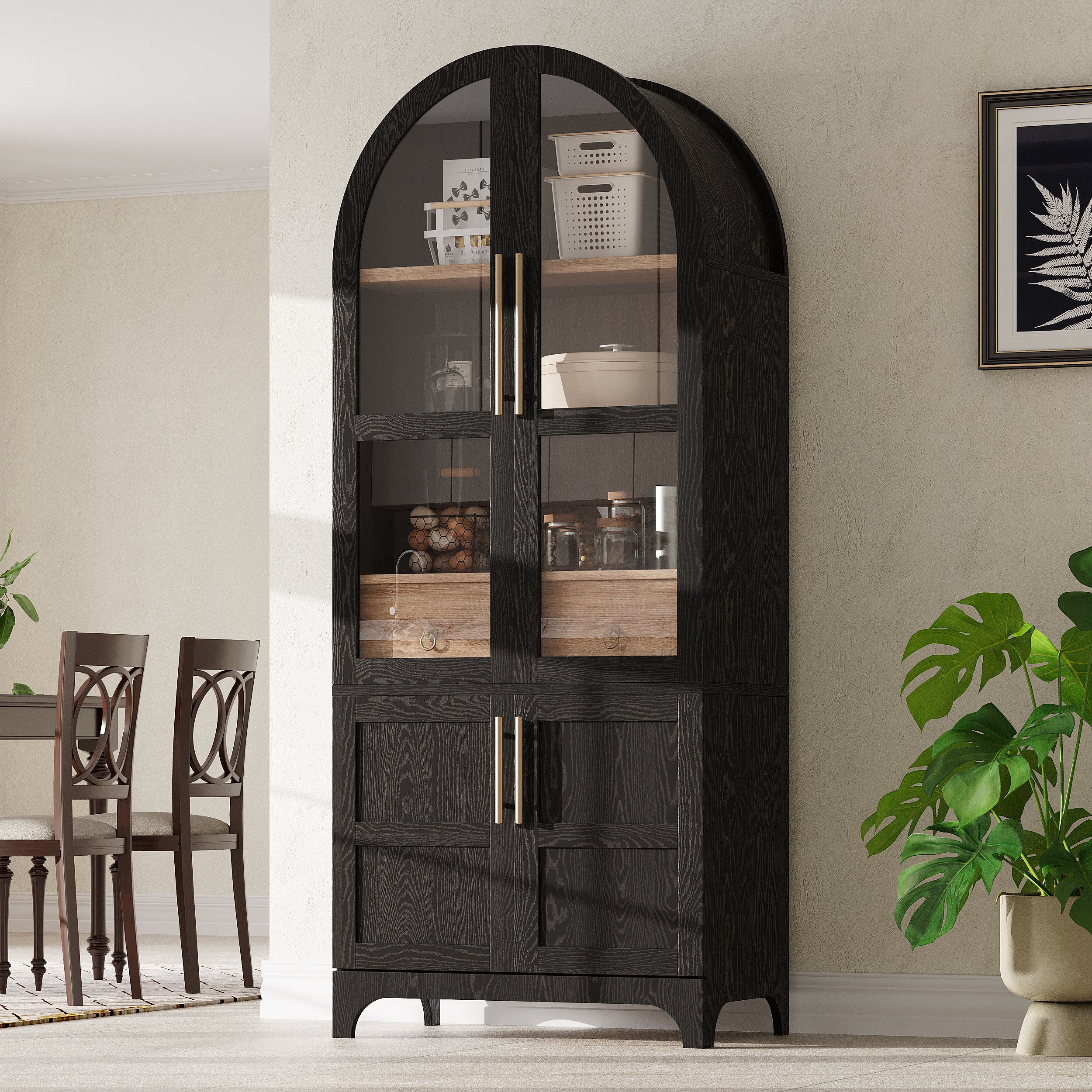 Savoy 71 inch black arched kitchen pantry cabinet with glass doors and farmhouse storage design for dining room or kitchen spaces