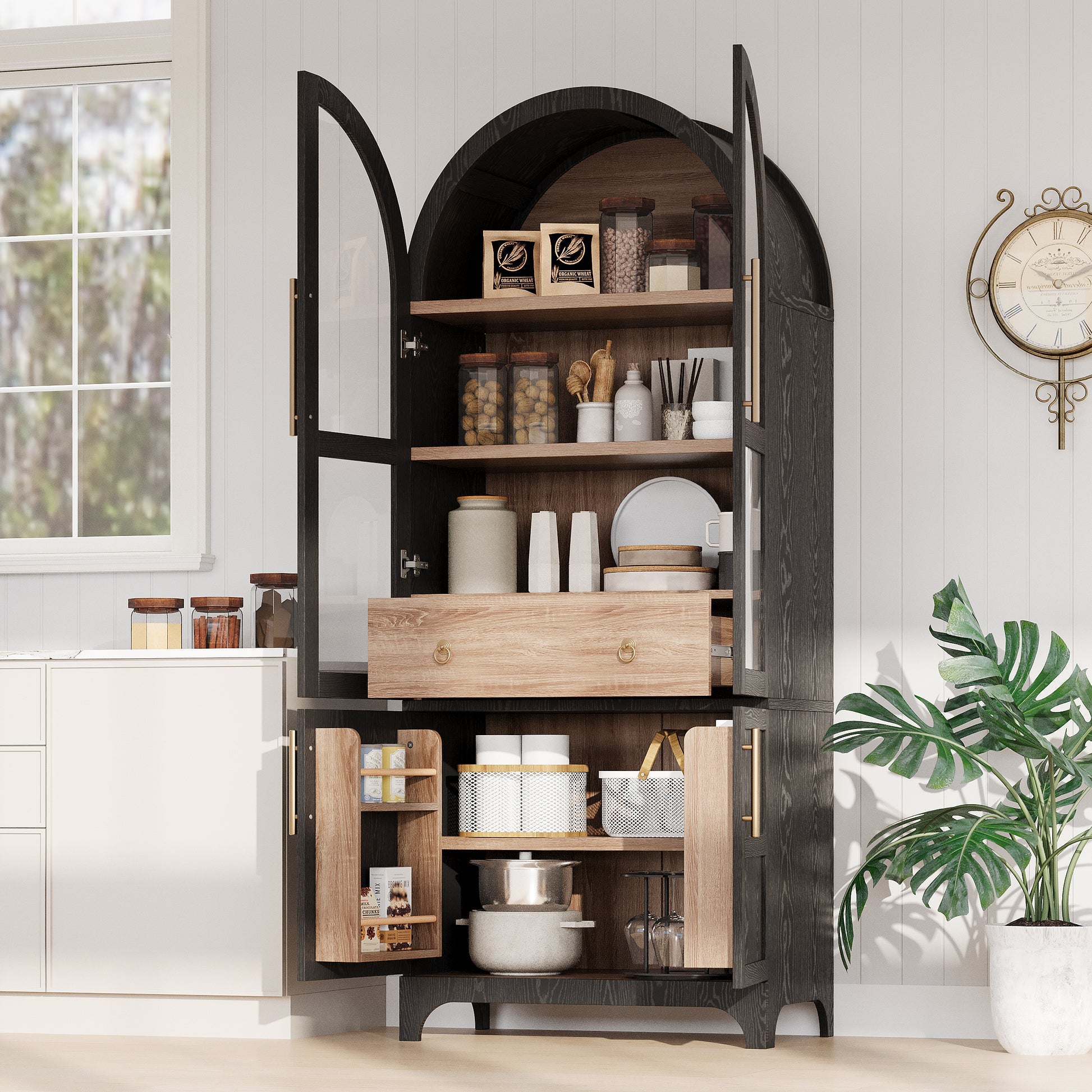 Savoy 71 inch black arched pantry cabinet with glass doors adjustable shelves drawer storage and lower cabinet organization compartments