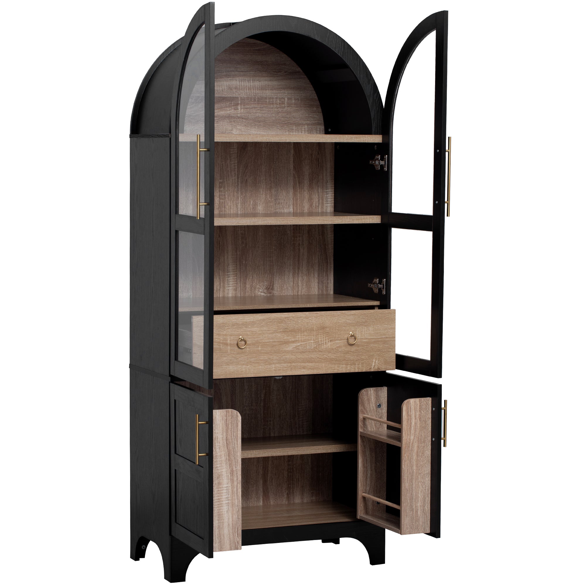 Savoy 71 inch black arched pantry cabinet with open glass doors storage shelves drawer and lower cabinet organization compartments