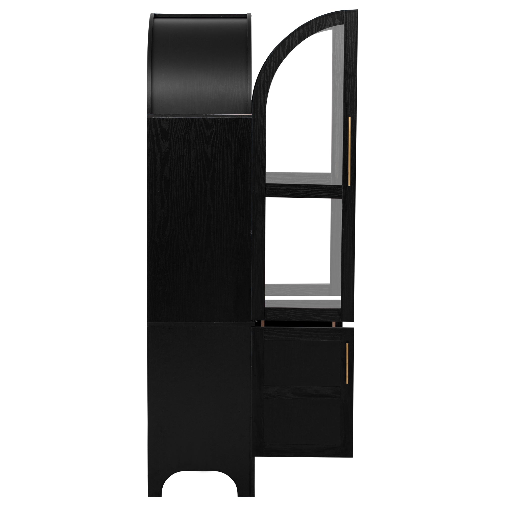 Savoy 71 inch black arched pantry cabinet side view with open glass door and lower storage cabinet farmhouse design