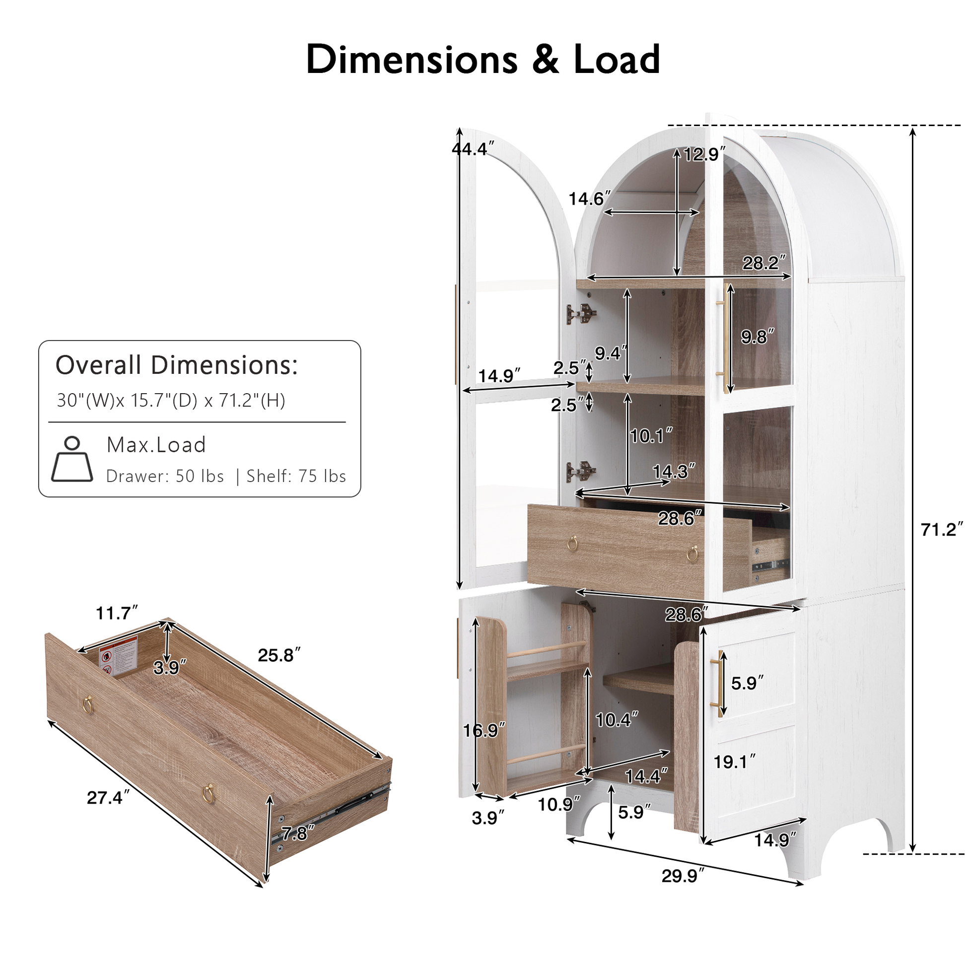 Savoy 71 inch pantry cabinet dimensions and load capacity chart showing shelf sizes drawer measurements and overall product dimensions