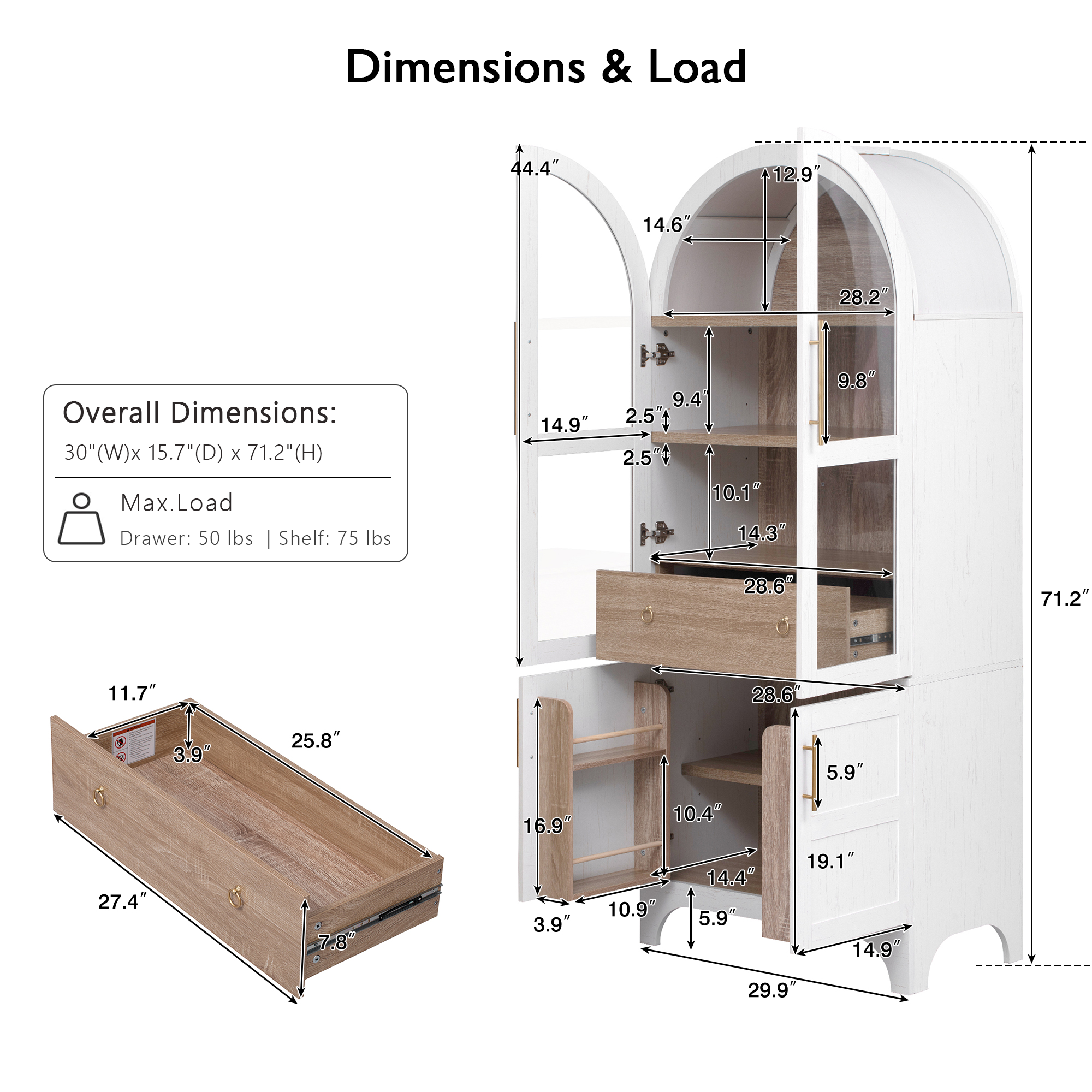 Savoy 71 inch pantry cabinet dimensions and load capacity chart showing shelf sizes drawer measurements and overall product dimensions