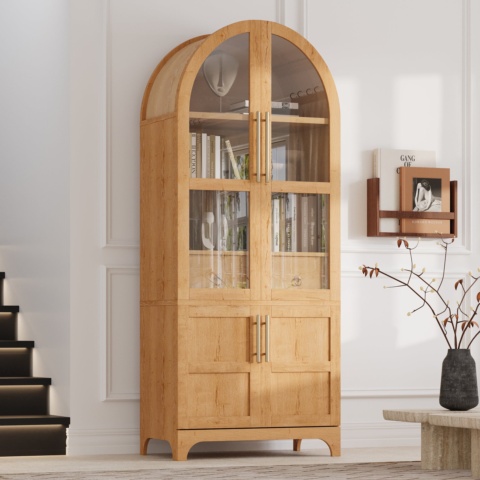 Savoy 71 inch natural wood arched pantry cabinet with glass display doors and concealed storage in farmhouse inspired living space