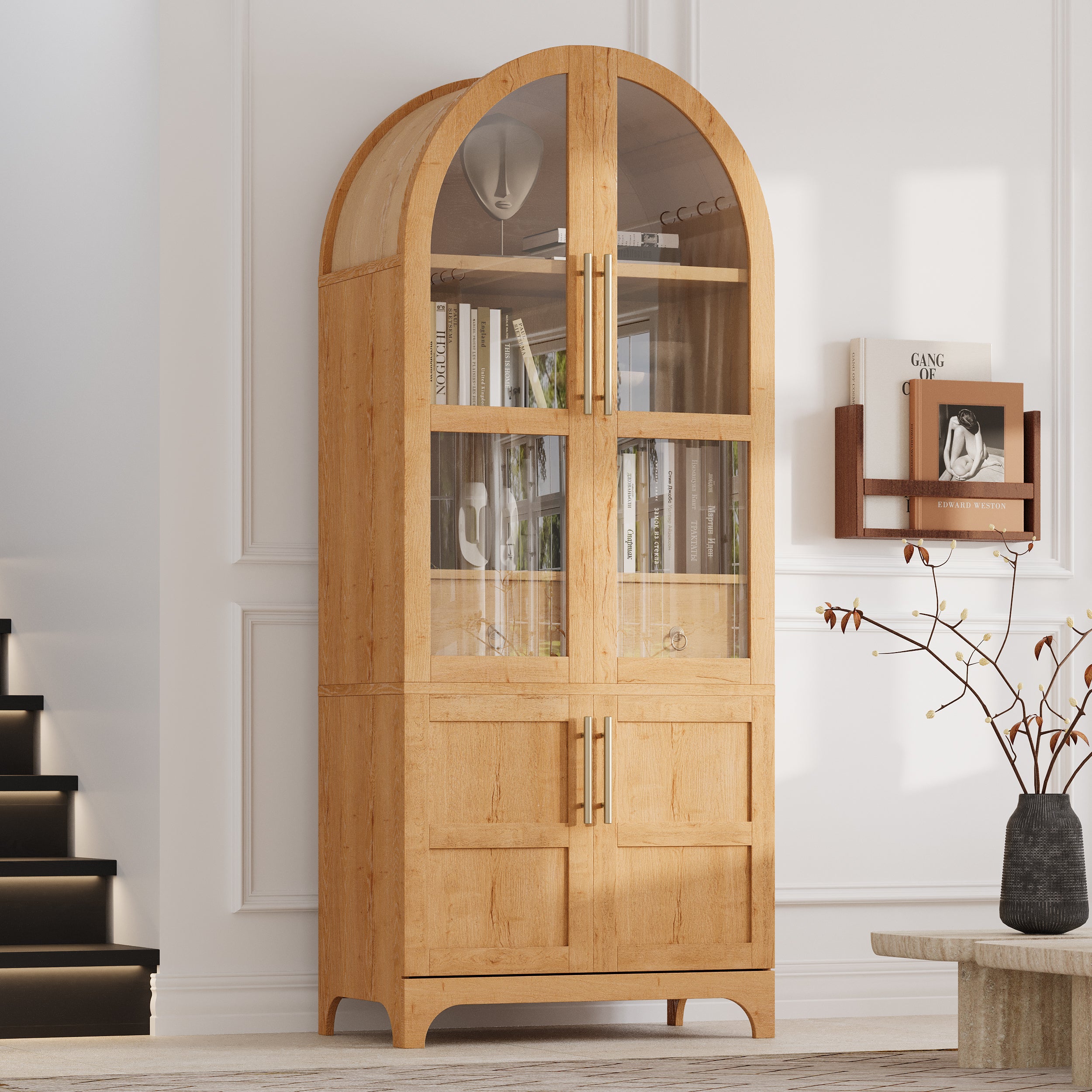Savoy 71 inch natural wood arched pantry cabinet with glass display doors and concealed storage in farmhouse inspired living space
