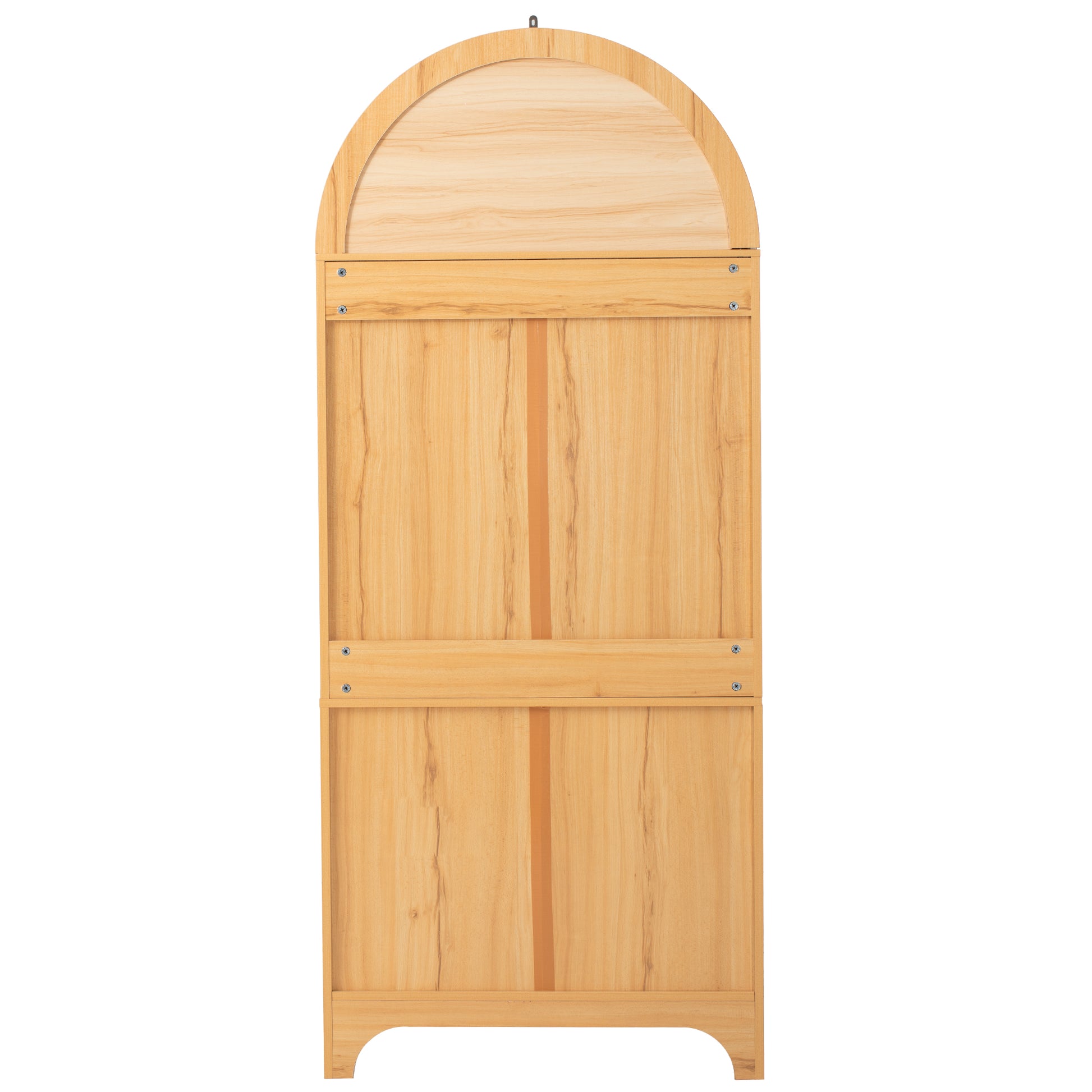 Savoy 71 inch natural wood arched pantry cabinet rear view with durable wood back panel and farmhouse storage cabinet construction